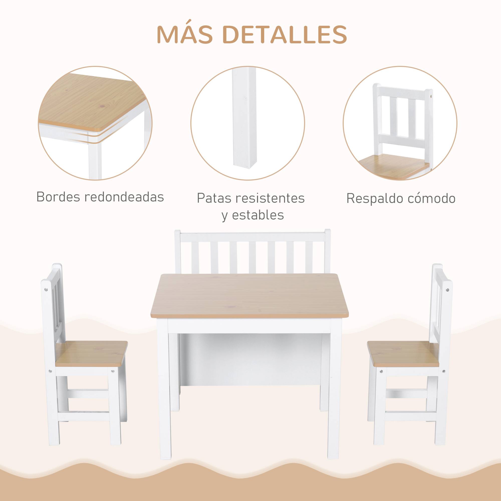 Ensemble 4 pièces table enfant 2 chaises et banc rangement, mobilier activités +3 ans chambre salle de jeu, blanc et naturel - Image 7
