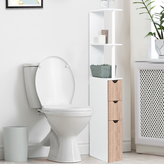 Meuble WC étagère WILLY bois 3 portes blanc et hêtre - Image 1