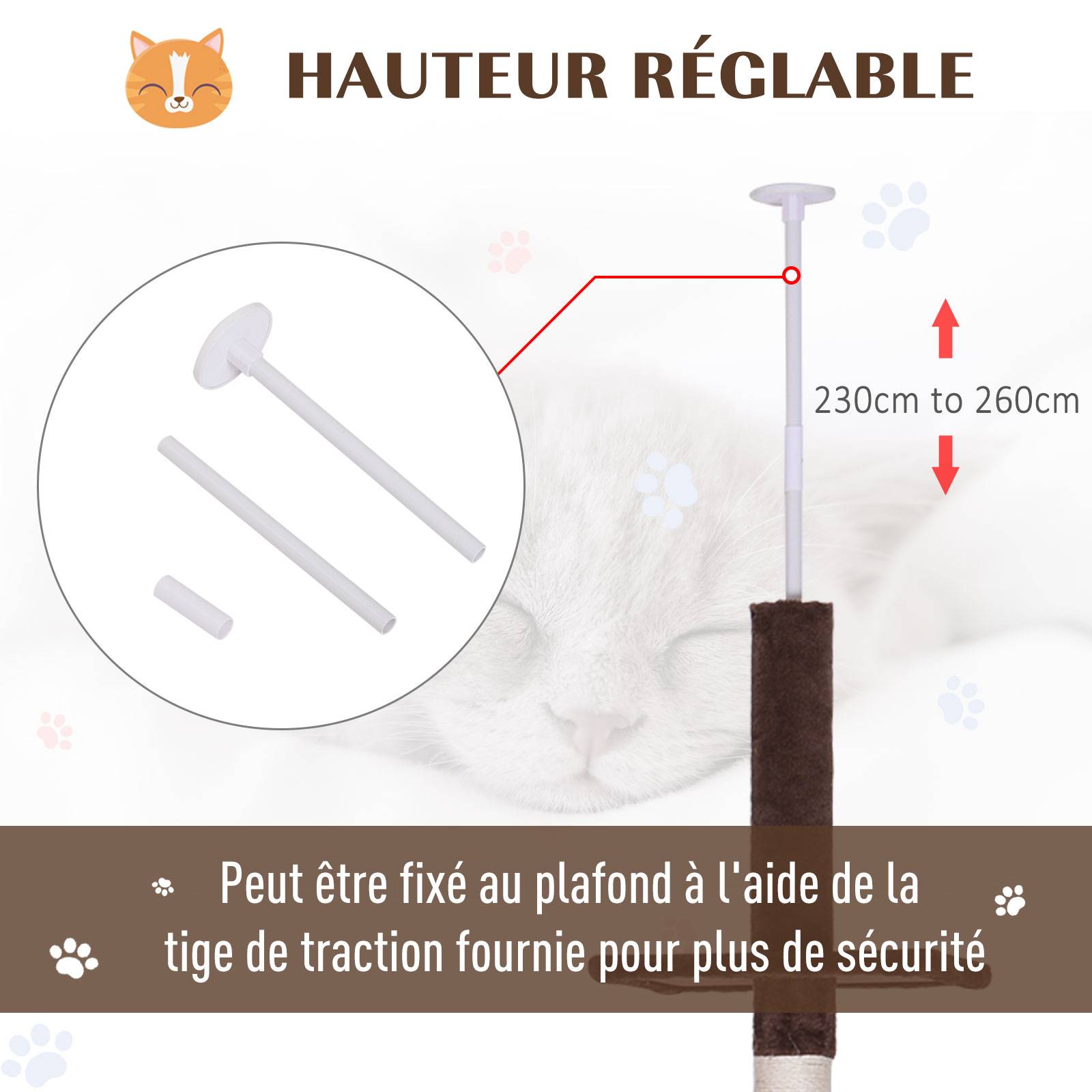 Pawhut - Arbre à chat poteau à griffer L40 x l 34 x H 230-260 cm 5 niveaux d'activités marron - Imagen 5