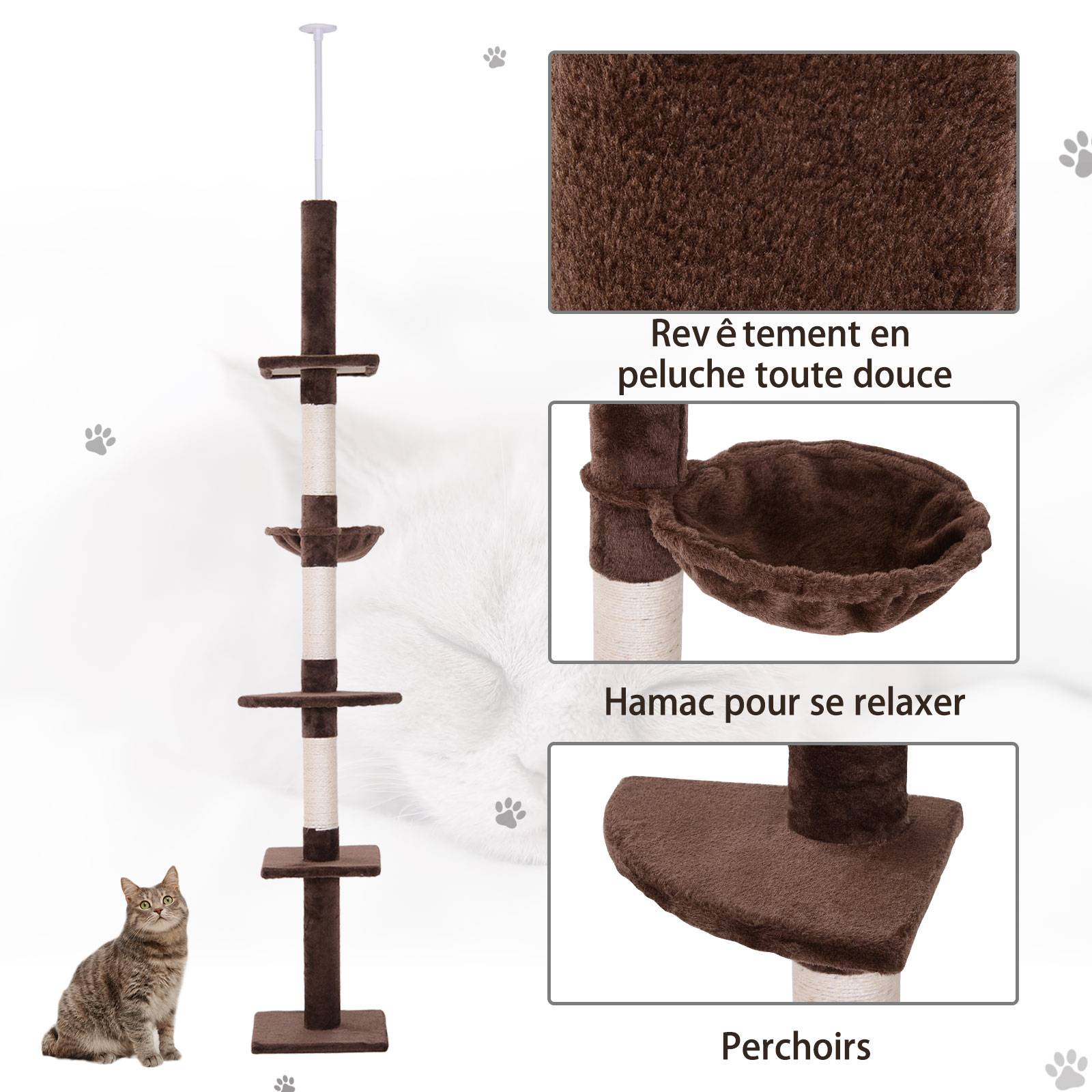 Pawhut - Arbre à chat poteau à griffer L40 x l 34 x H 230-260 cm 5 niveaux d'activités marron - Imagen 6