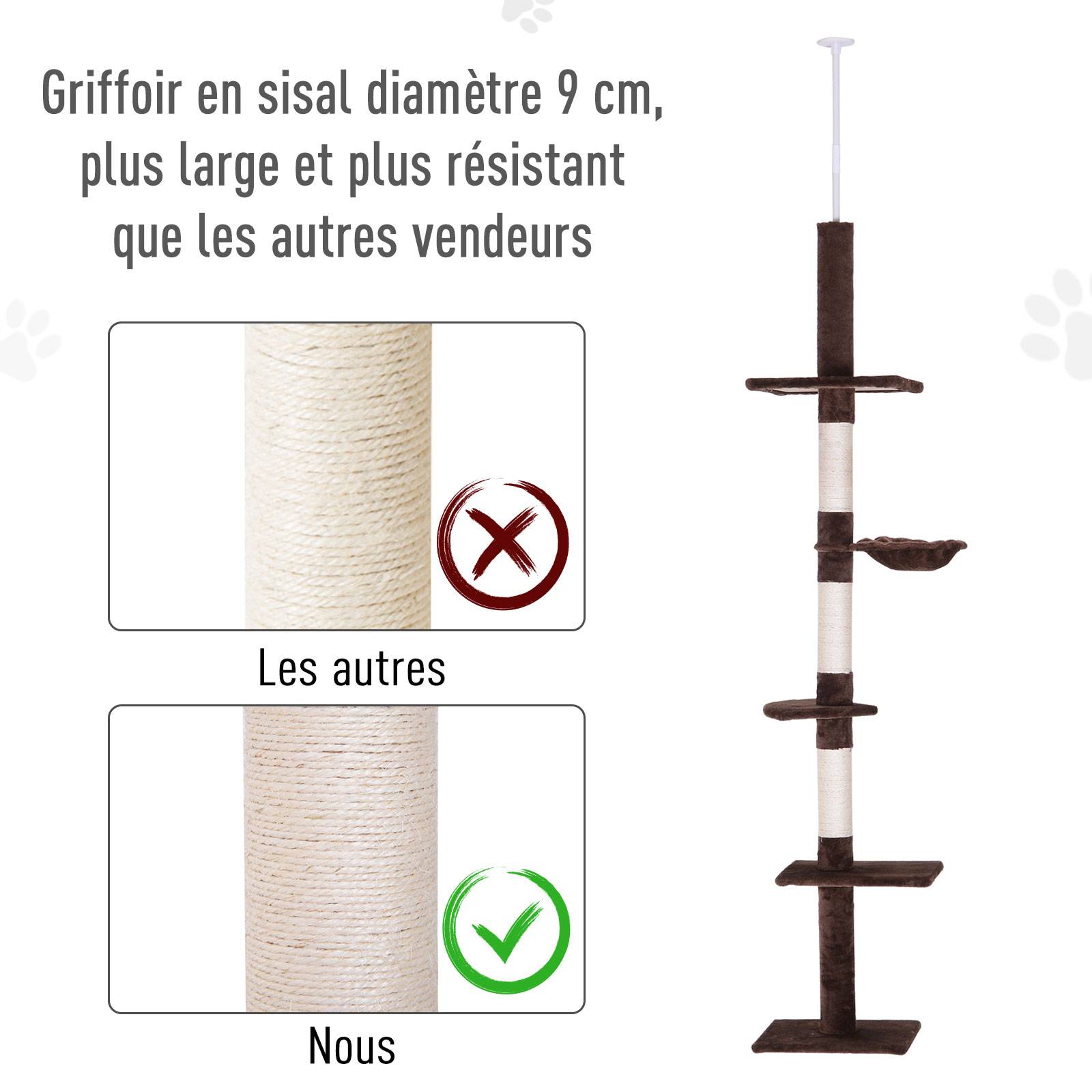 Pawhut - Arbre à chat poteau à griffer L40 x l 34 x H 230-260 cm 5 niveaux d'activités marron - Imagen 7