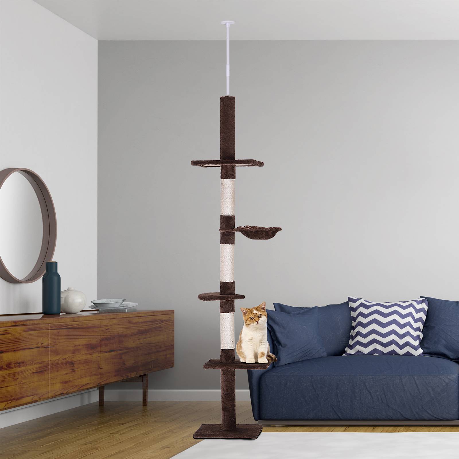 Pawhut - Arbre à chat poteau à griffer L40 x l 34 x H 230-260 cm 5 niveaux d'activités marron - Imagen 2