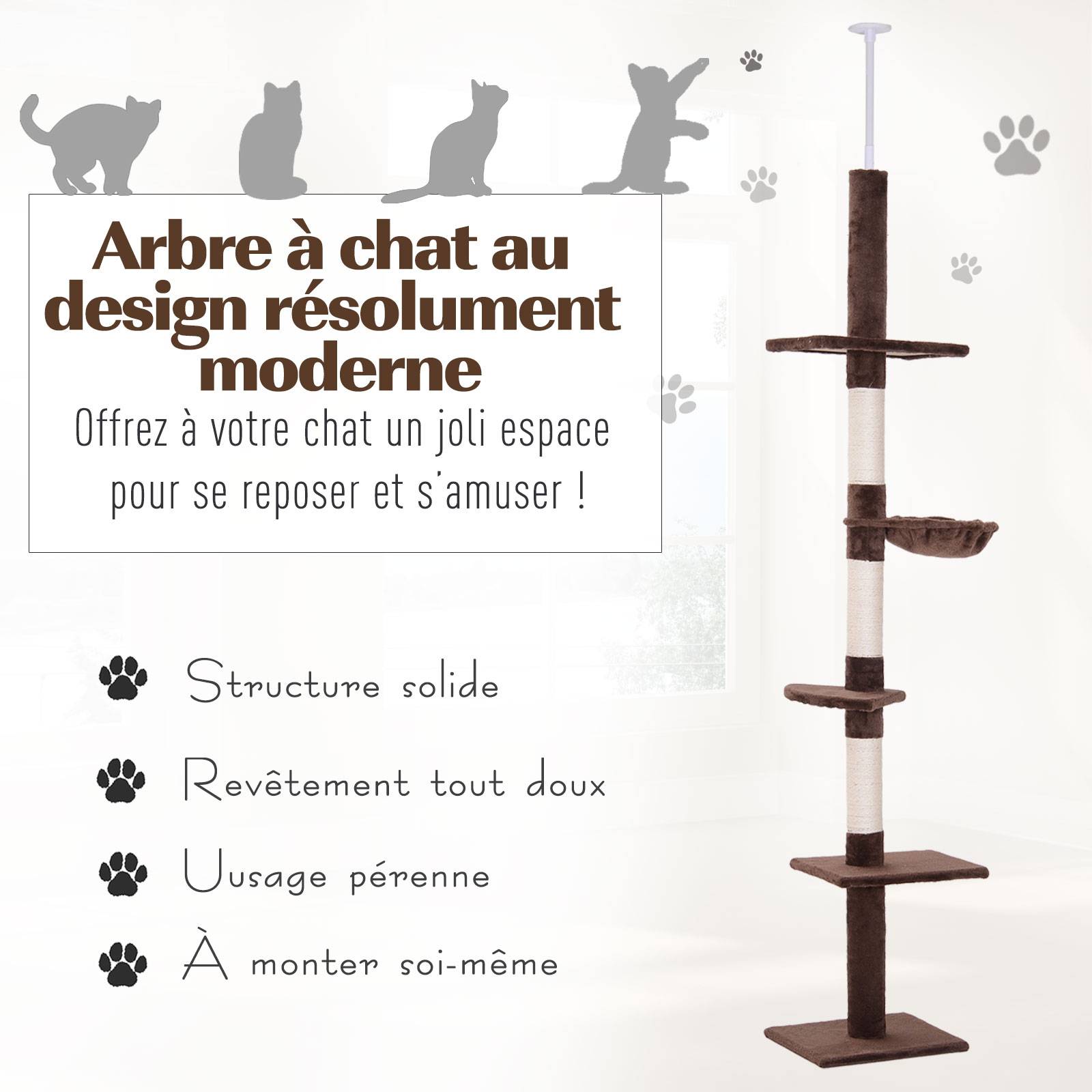 Pawhut - Arbre à chat poteau à griffer L40 x l 34 x H 230-260 cm 5 niveaux d'activités marron - Imagen 4