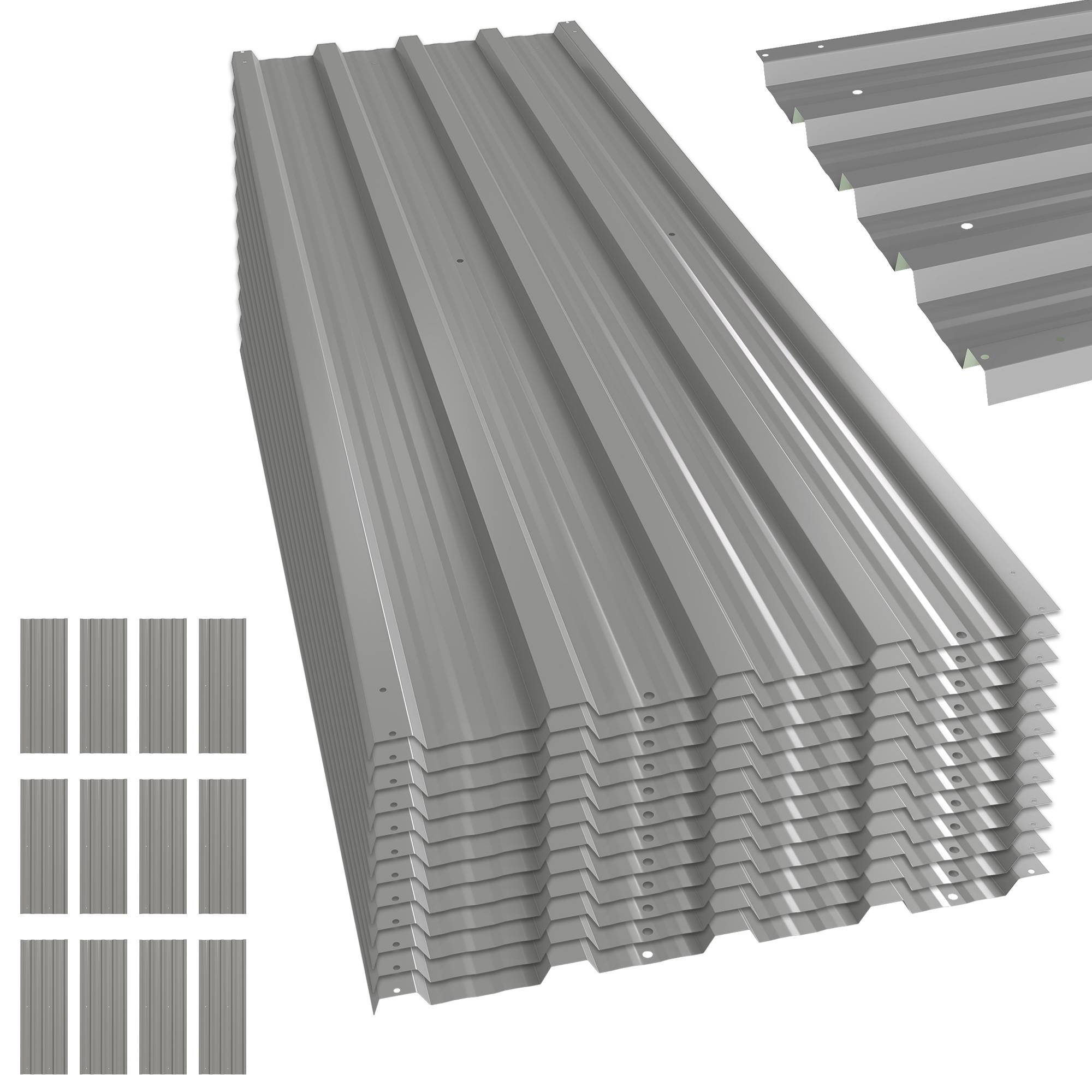Ensemble de 12 panneaux de toiture en acier galvanisé, 7 m², pour abri de jardin, 129 x 45 cm, gris clair - Image 2