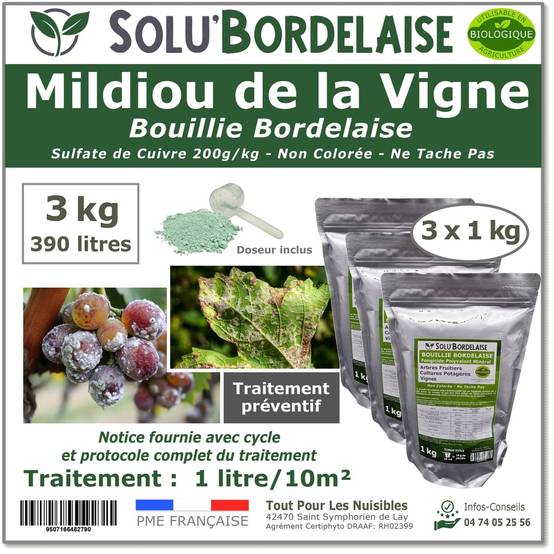 Solu'Bordelaise - 3 kg de Bouillie Bordelaise - Mildiou de la Vigne - Utilisable Agriculture Biologique - 3 Sachets Refermable de 1 kg - Image 1