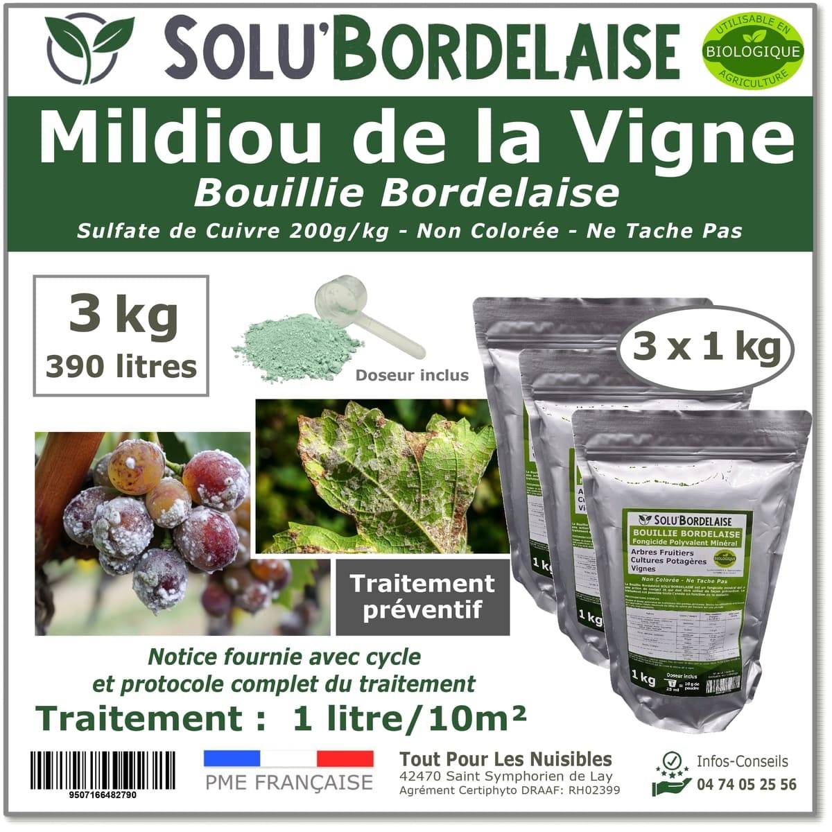 Solu'Bordelaise - 3 kg de Bouillie Bordelaise - Mildiou de la Vigne - Utilisable Agriculture Biologique - 3 Sachets Refermable de 1 kg - Image 1