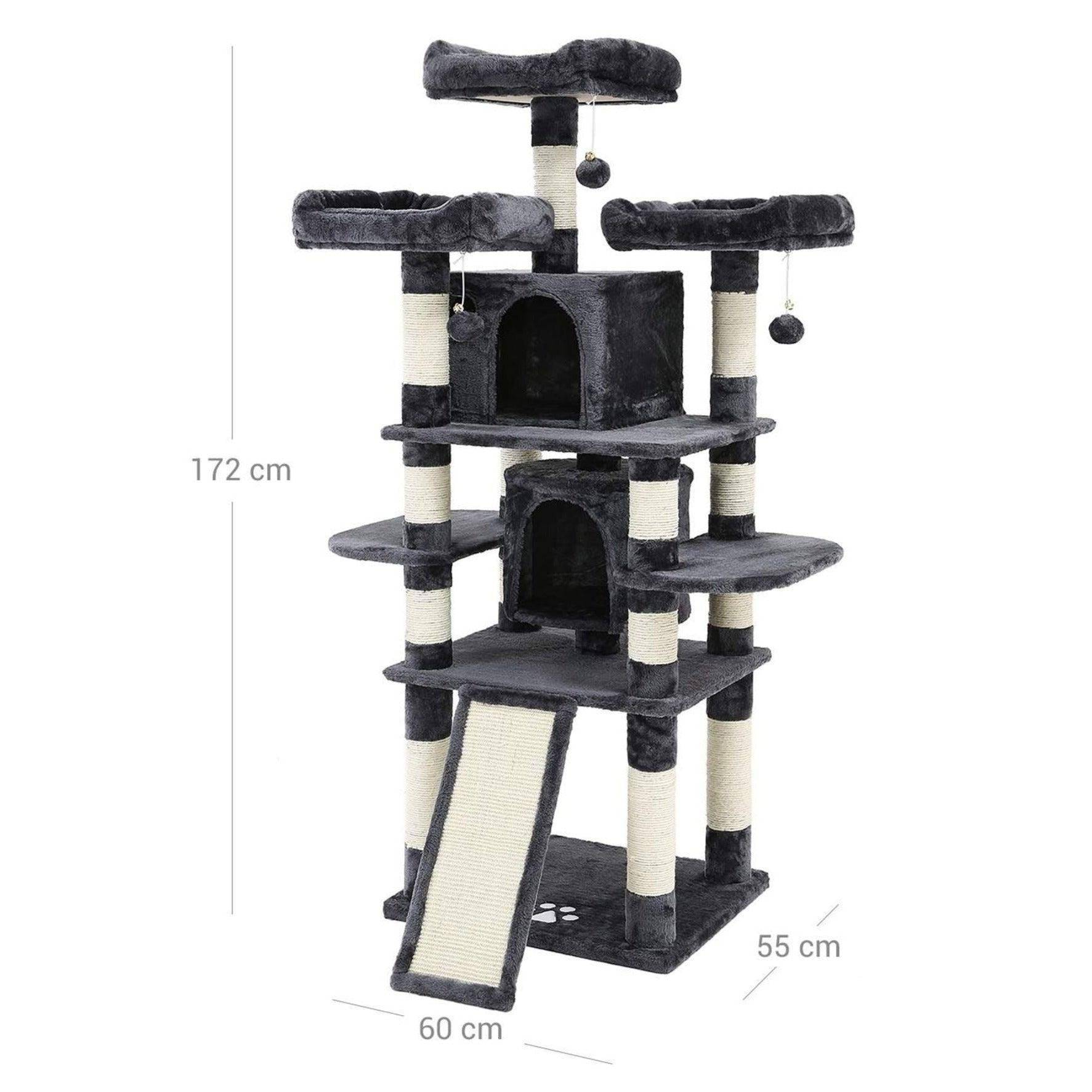 Helloshop26 - Arbre à chat avec 3 plate-formes d'observation 2 grottes troncs épais en sisal planche à griffer stable hauteur 172 cm gris foncé - Imagen 2