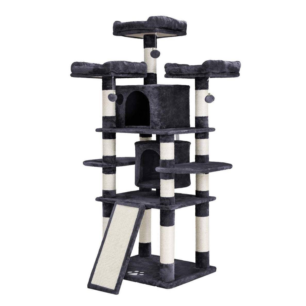 Helloshop26 - Arbre à chat avec 3 plate-formes d'observation 2 grottes troncs épais en sisal planche à griffer stable hauteur 172 cm gris foncé - Imagen 1