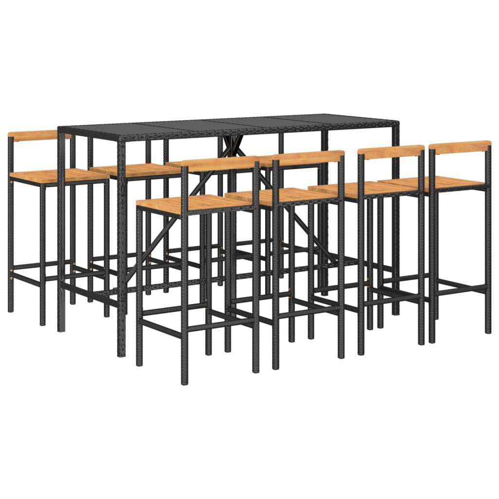 Helloshop26 - Ensemble de bar de jardin meuble extérieur terrasse 9 pièces noir poly rotin/bois massif acacia - Imagen 1