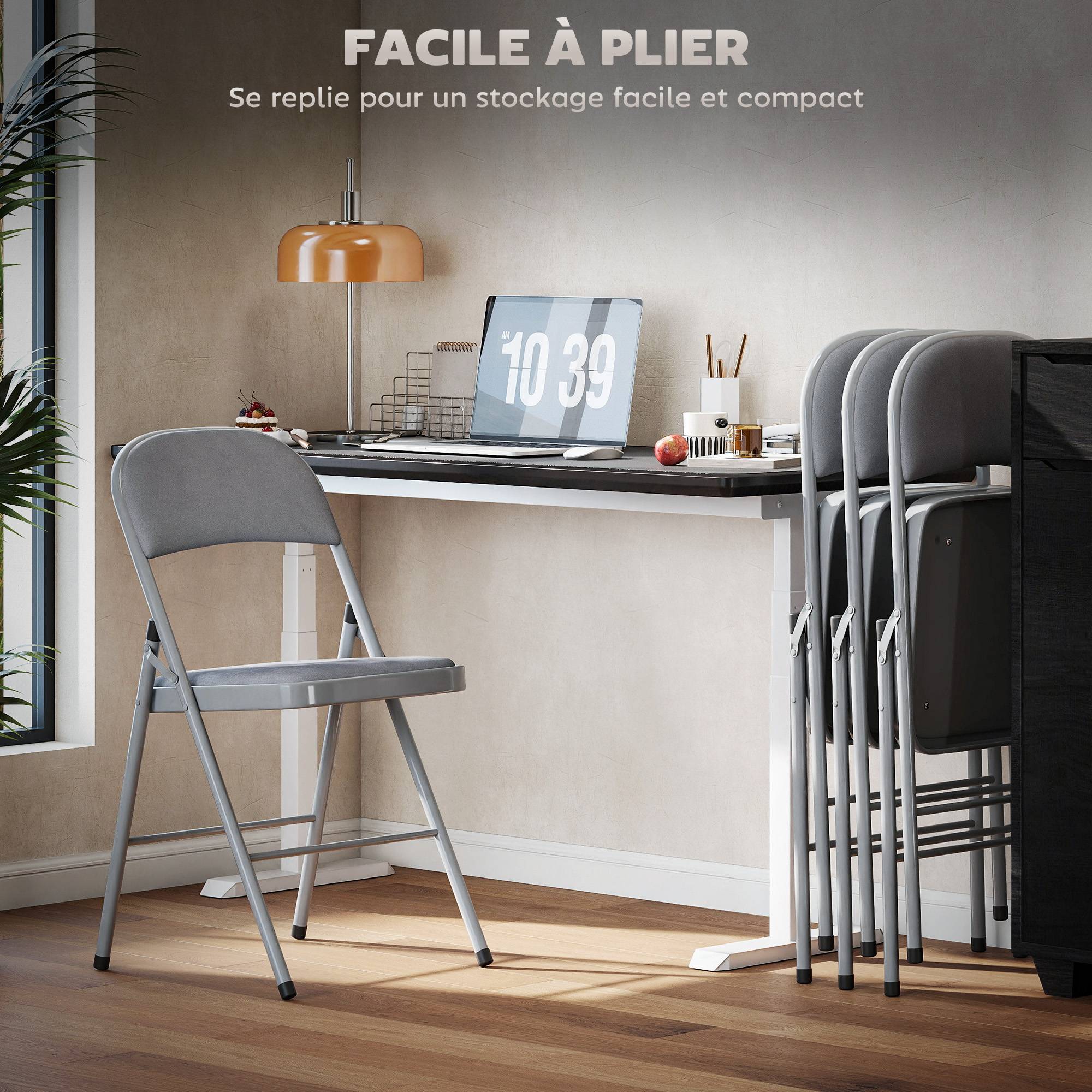 Lot de 4 chaises pliantes et portables intérieur avec assises et dossiers rembourrés en velours, cadre en acier, gris clair - Image 8