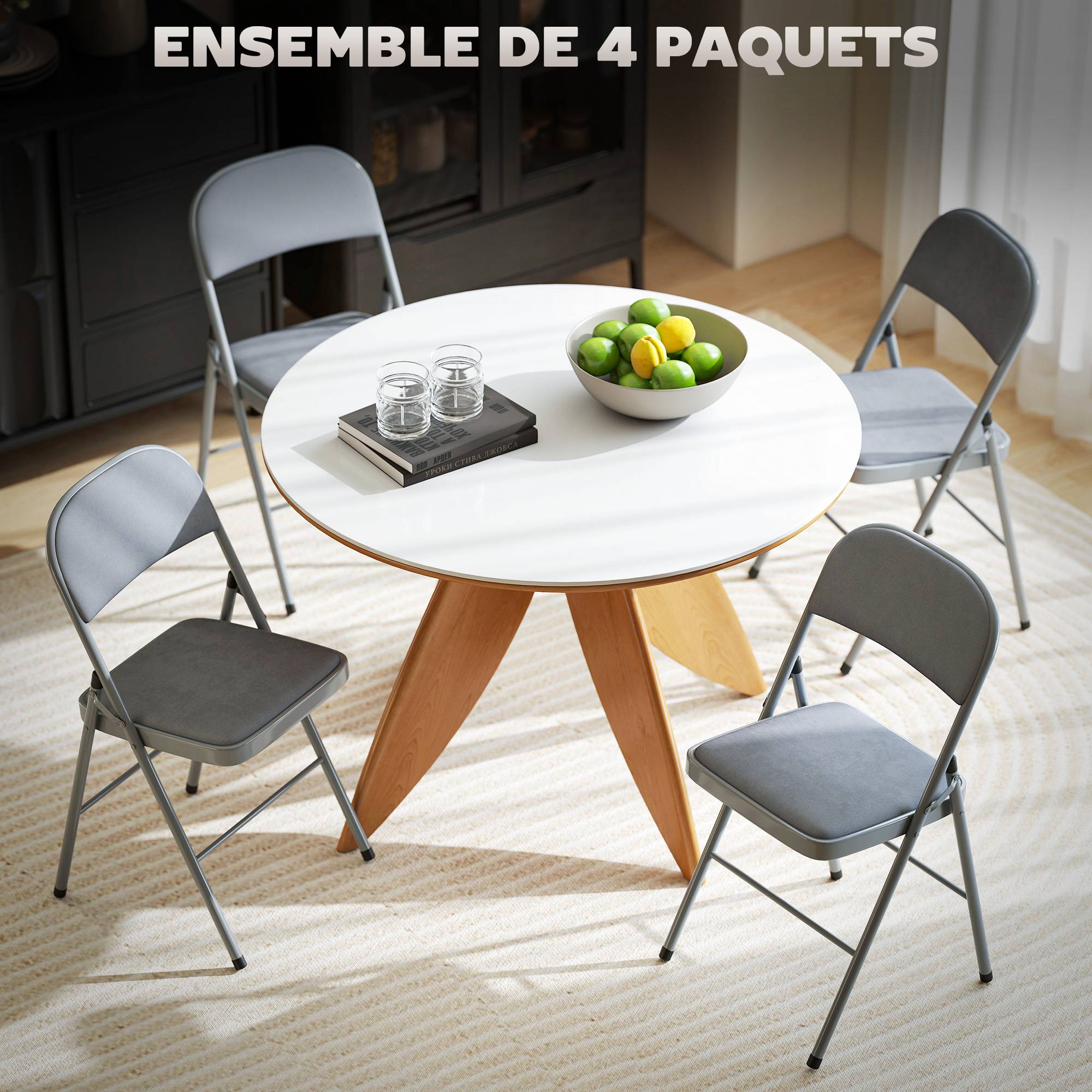 Lot de 4 chaises pliantes et portables intérieur avec assises et dossiers rembourrés en velours, cadre en acier, gris clair - Image 6