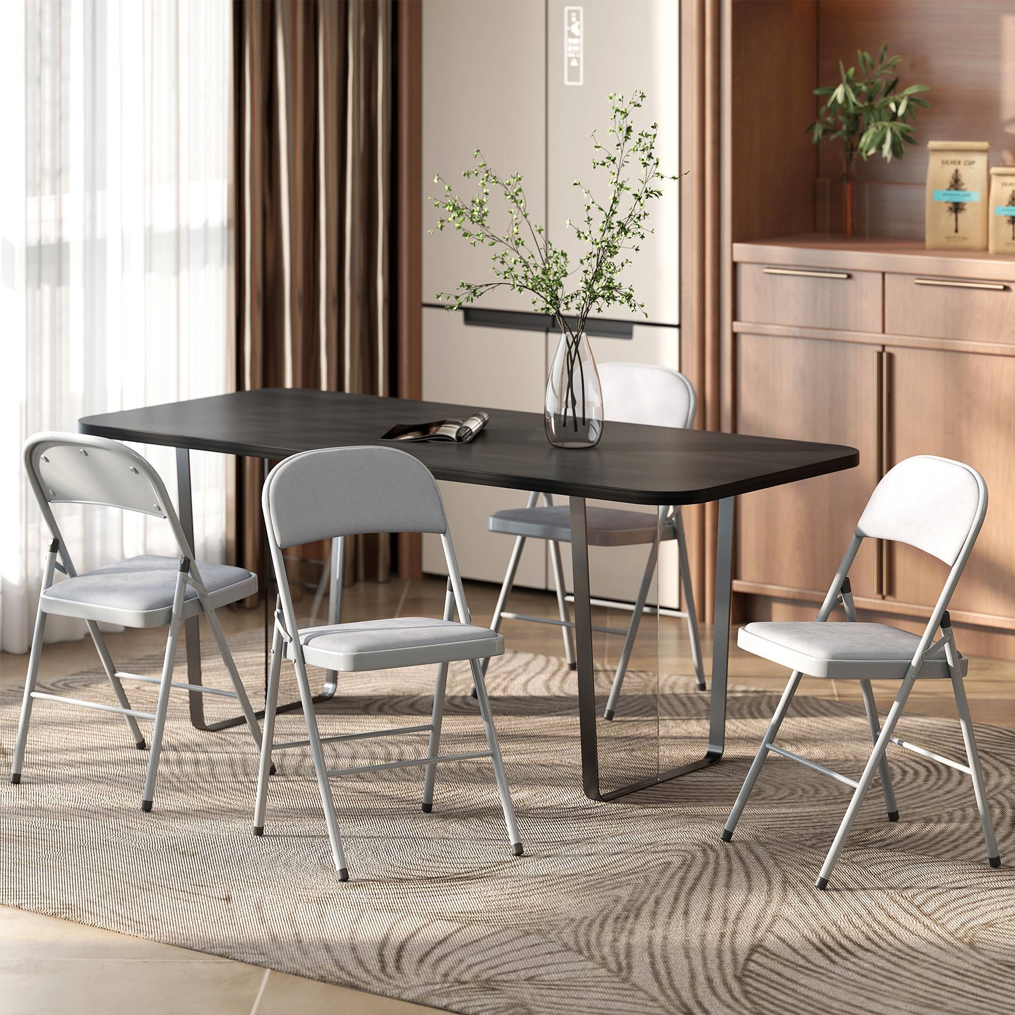 Lot de 4 chaises pliantes et portables intérieur avec assises et dossiers rembourrés en velours, cadre en acier, gris clair - Image 4