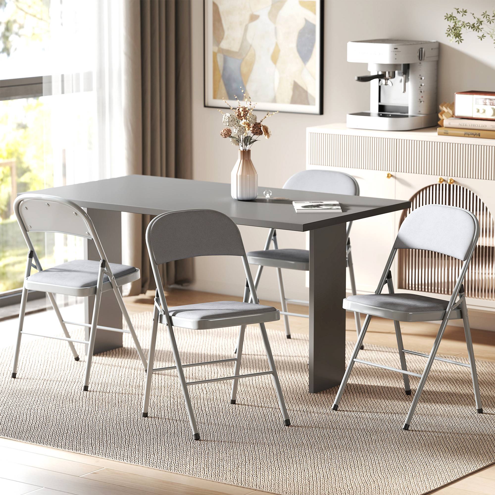 Lot de 4 chaises pliantes et portables intérieur avec assises et dossiers rembourrés en velours, cadre en acier, gris clair - Image 3