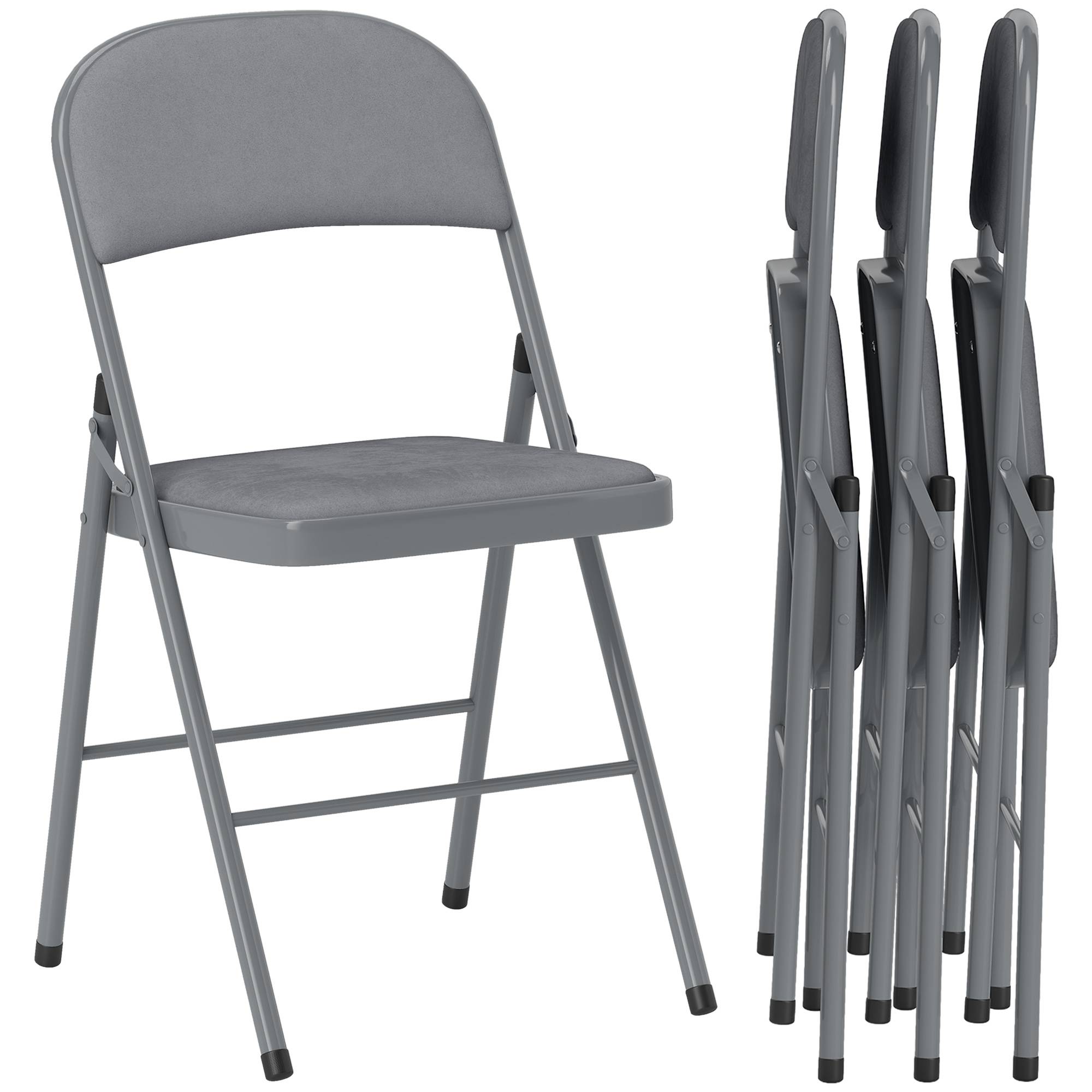 Lot de 4 chaises pliantes et portables intérieur avec assises et dossiers rembourrés en velours, cadre en acier, gris clair - Image 1