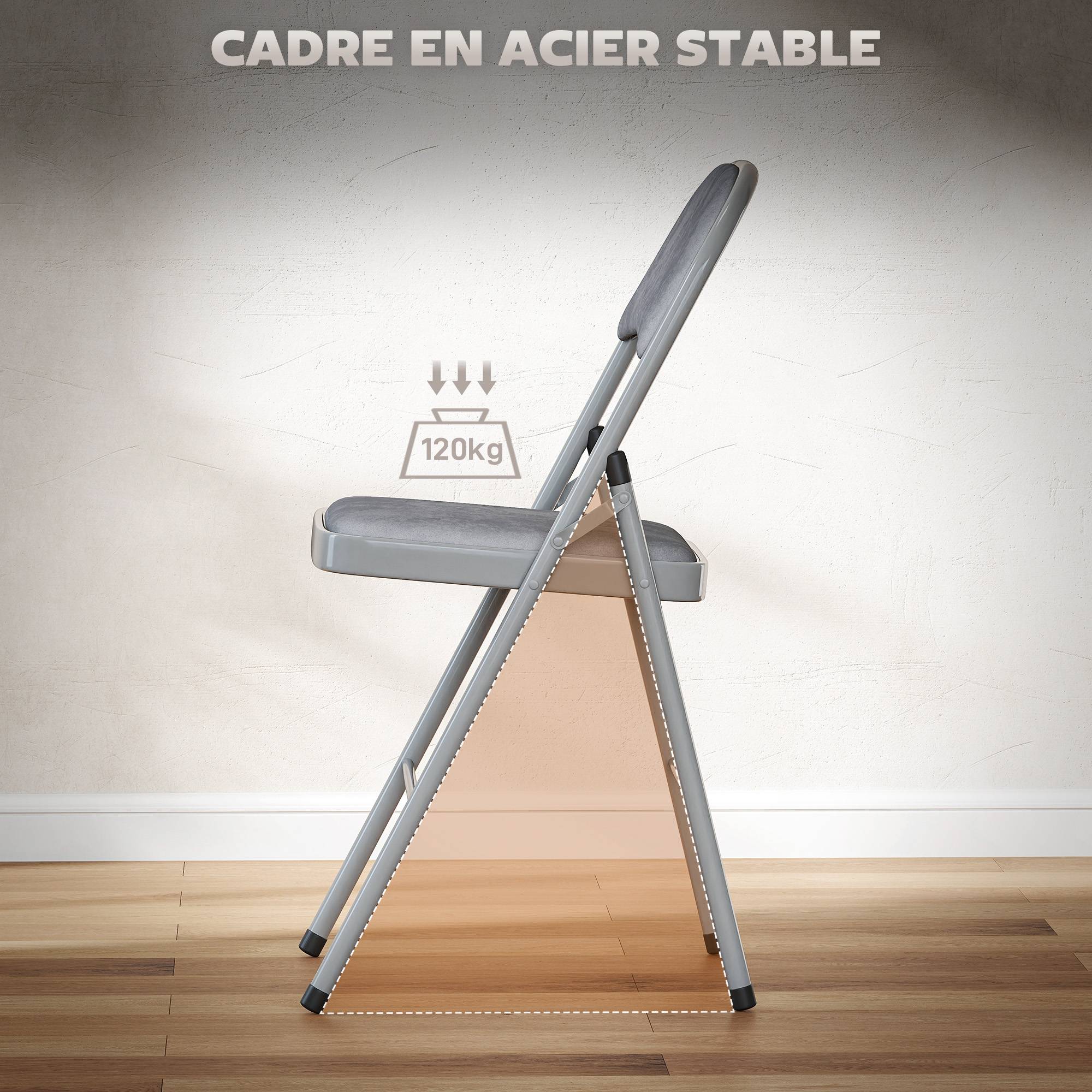 Lot de 4 chaises pliantes et portables intérieur avec assises et dossiers rembourrés en velours, cadre en acier, gris clair - Image 9