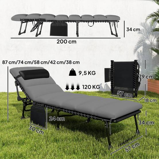 Chaise longue jardin, Bain de soleil Pliable, dossier inclinable - 200x57x38cm Acier Gris Foncé fr50 - Image 5