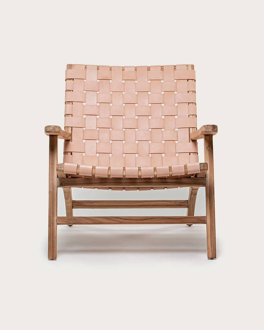 Salmon - Fauteuil lounge en teck et cuir saumon - UNIQKA - Imagen 4