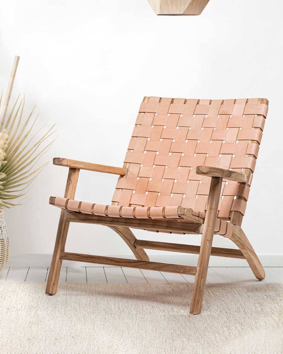 Salmon - Fauteuil lounge en teck et cuir saumon - UNIQKA - Imagen 2
