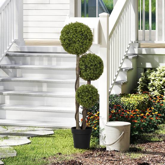 Buis Artificiel Topiaire Plastique Intérieur Extérieur 3 Boules 115cm Vert Noir - ComfortXL Outdoor Living - Image 3