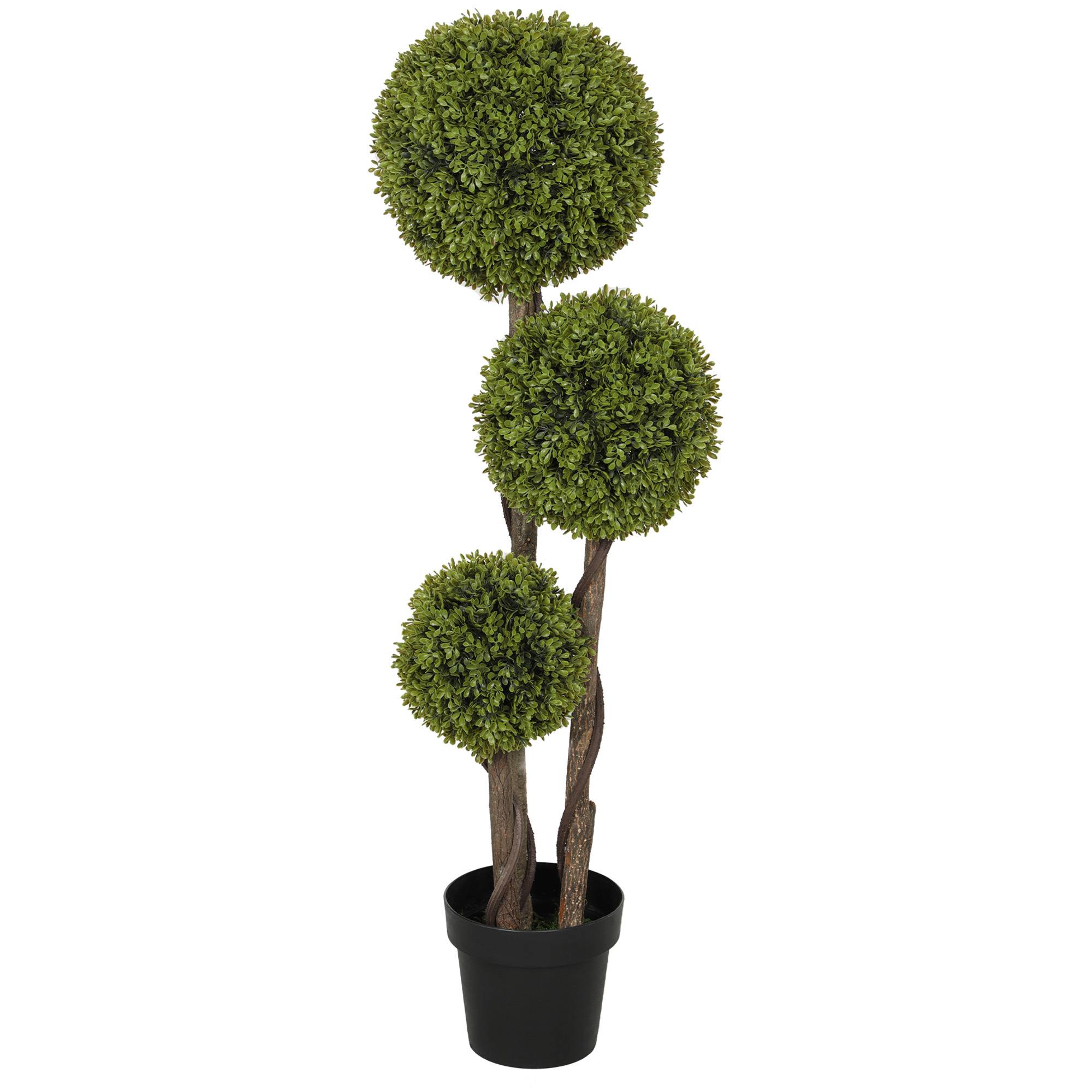 Buis Artificiel Topiaire Plastique Intérieur Extérieur 3 Boules 115cm Vert Noir - ComfortXL Outdoor Living - Image 1