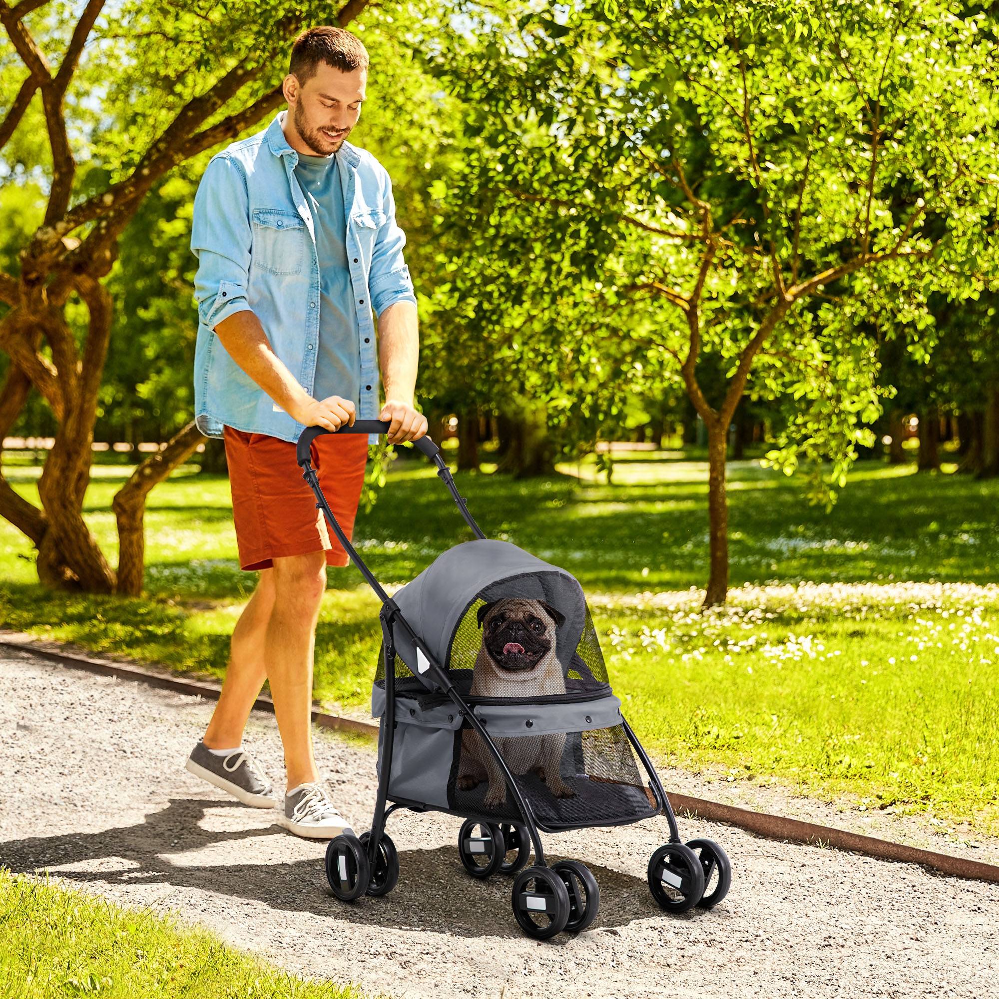 Poussette pliable pour petit chien avec fenêtres en filet, coussin lavable, sangles de sécurité et cadre en acier, grise - Image 3
