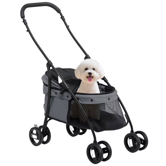 Poussette pliable pour petit chien avec fenêtres en filet, coussin lavable, sangles de sécurité et cadre en acier, grise - Image 1