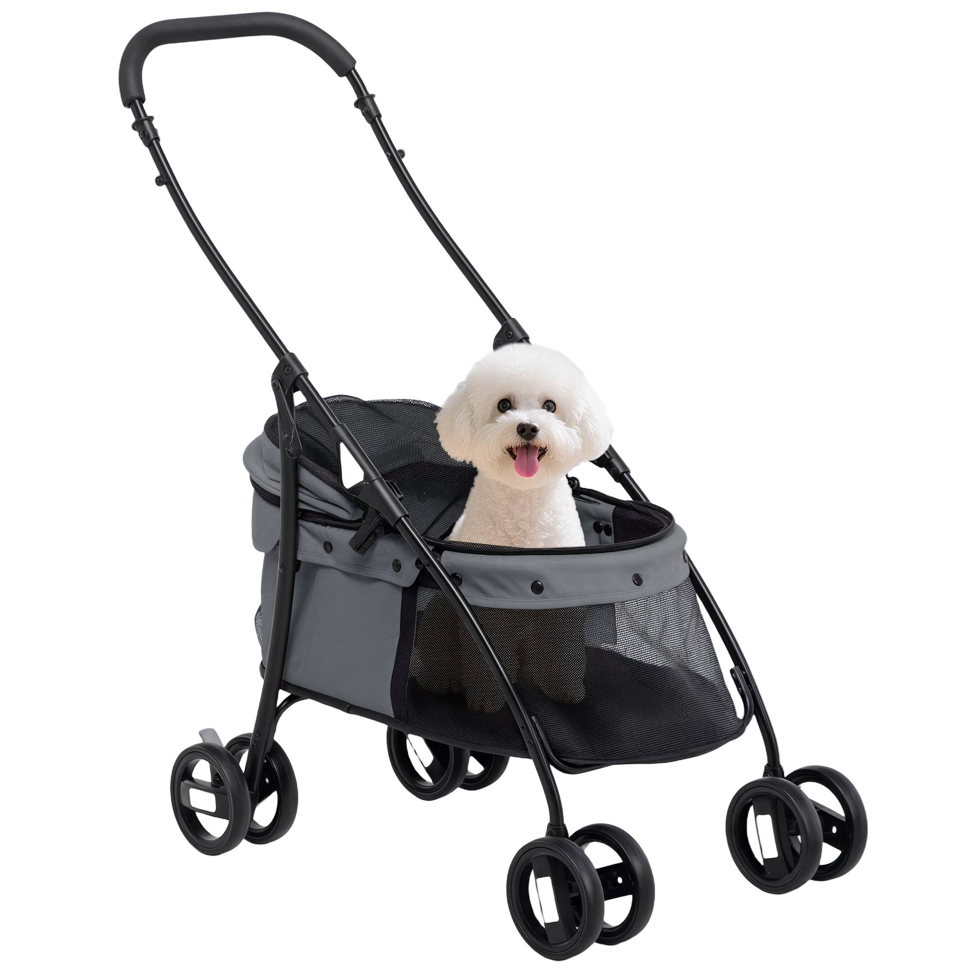Poussette pliable pour petit chien avec fenêtres en filet, coussin lavable, sangles de sécurité et cadre en acier, grise - Image 1