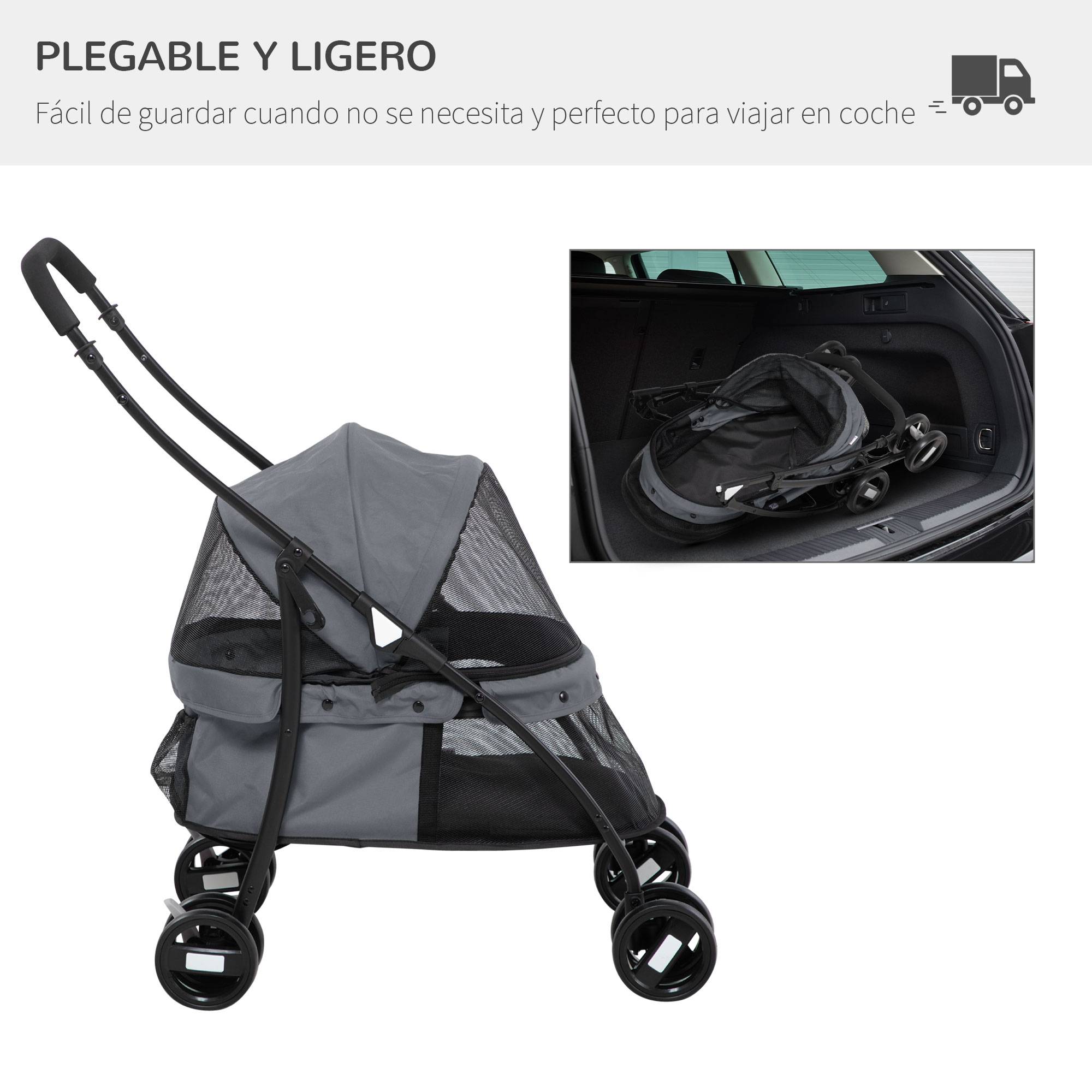 Poussette pliable pour petit chien avec fenêtres en filet, coussin lavable, sangles de sécurité et cadre en acier, grise - Image 8