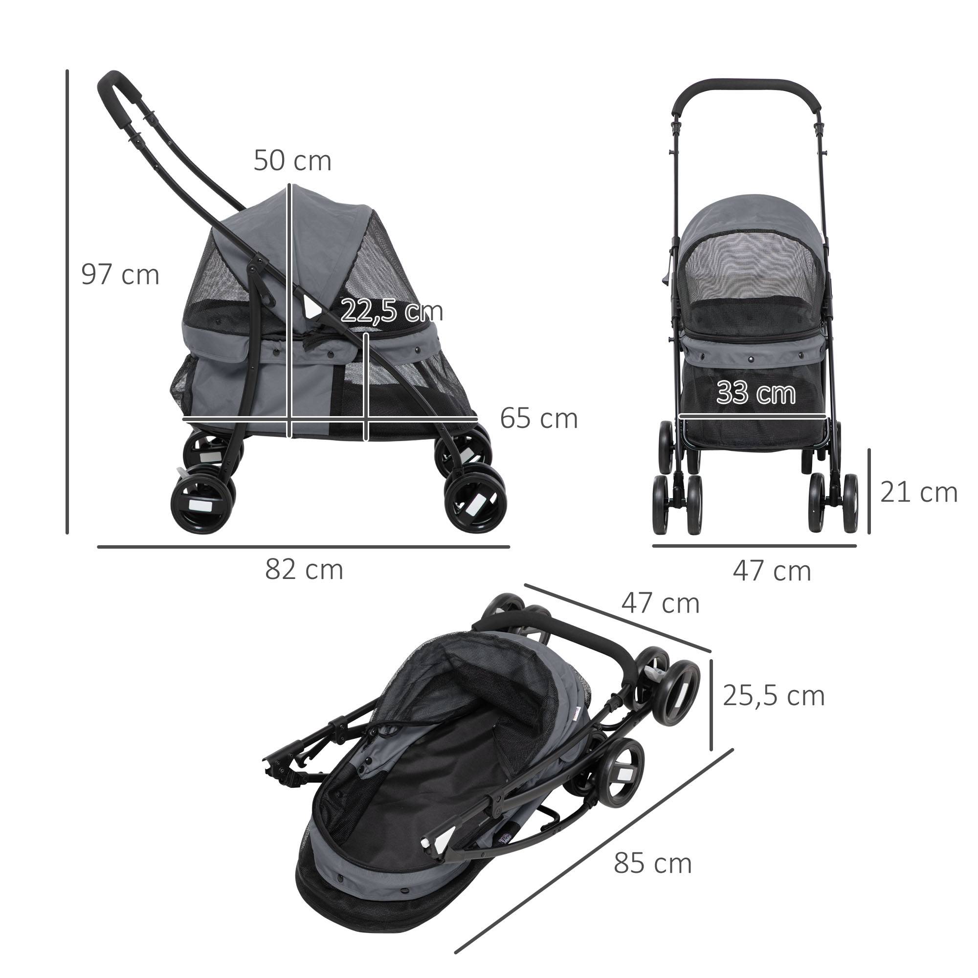 Poussette pliable pour petit chien avec fenêtres en filet, coussin lavable, sangles de sécurité et cadre en acier, grise - Image 5