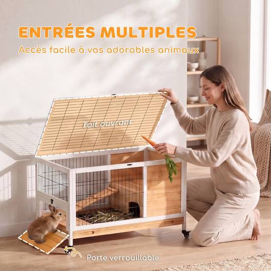 Sans Marque - Clapier lapin intérieur clapier pour cochon d'inde en bois avec toit ouvrant et roulettes 90 x 53 x 59 cm jaune et blanc - Image 7