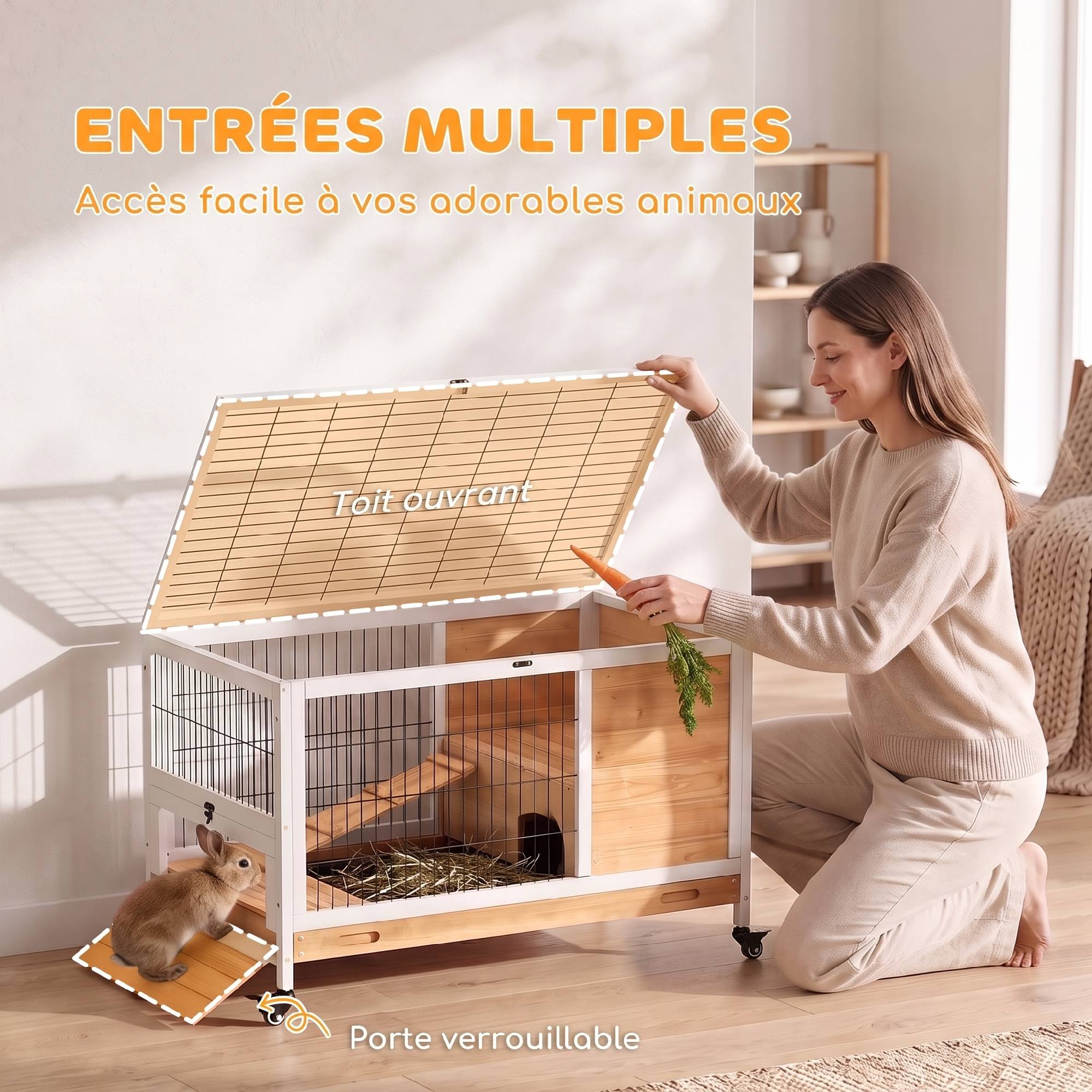 Sans Marque - Clapier lapin intérieur clapier pour cochon d'inde en bois avec toit ouvrant et roulettes 90 x 53 x 59 cm jaune et blanc - Image 7