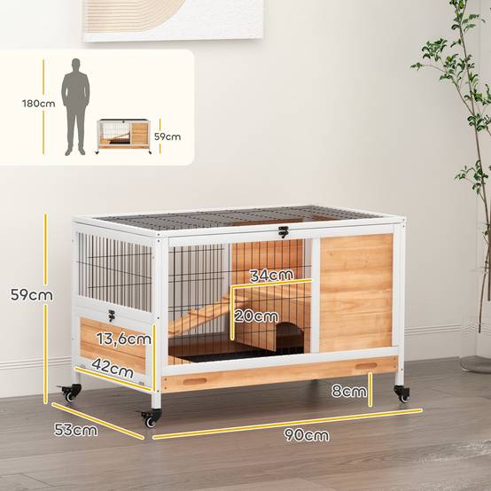 Sans Marque - Clapier lapin intérieur clapier pour cochon d'inde en bois avec toit ouvrant et roulettes 90 x 53 x 59 cm jaune et blanc - Image 5