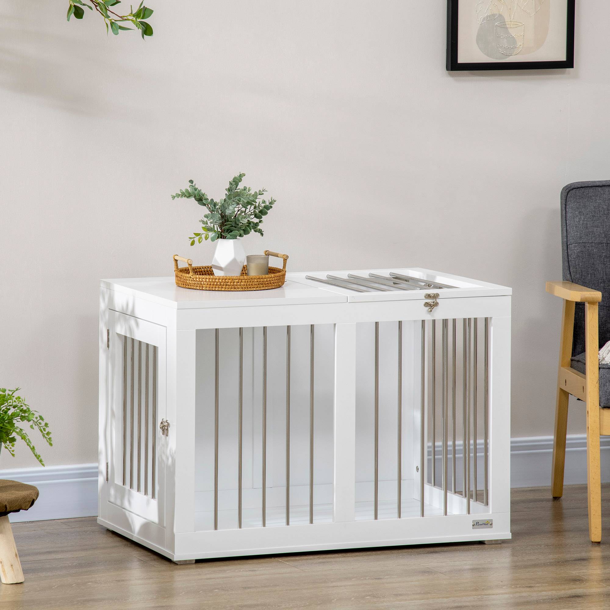 Cage pour chien 2 portes verrouillables, grille acier,80x50x56,5 cm blanc et argent - Image 4