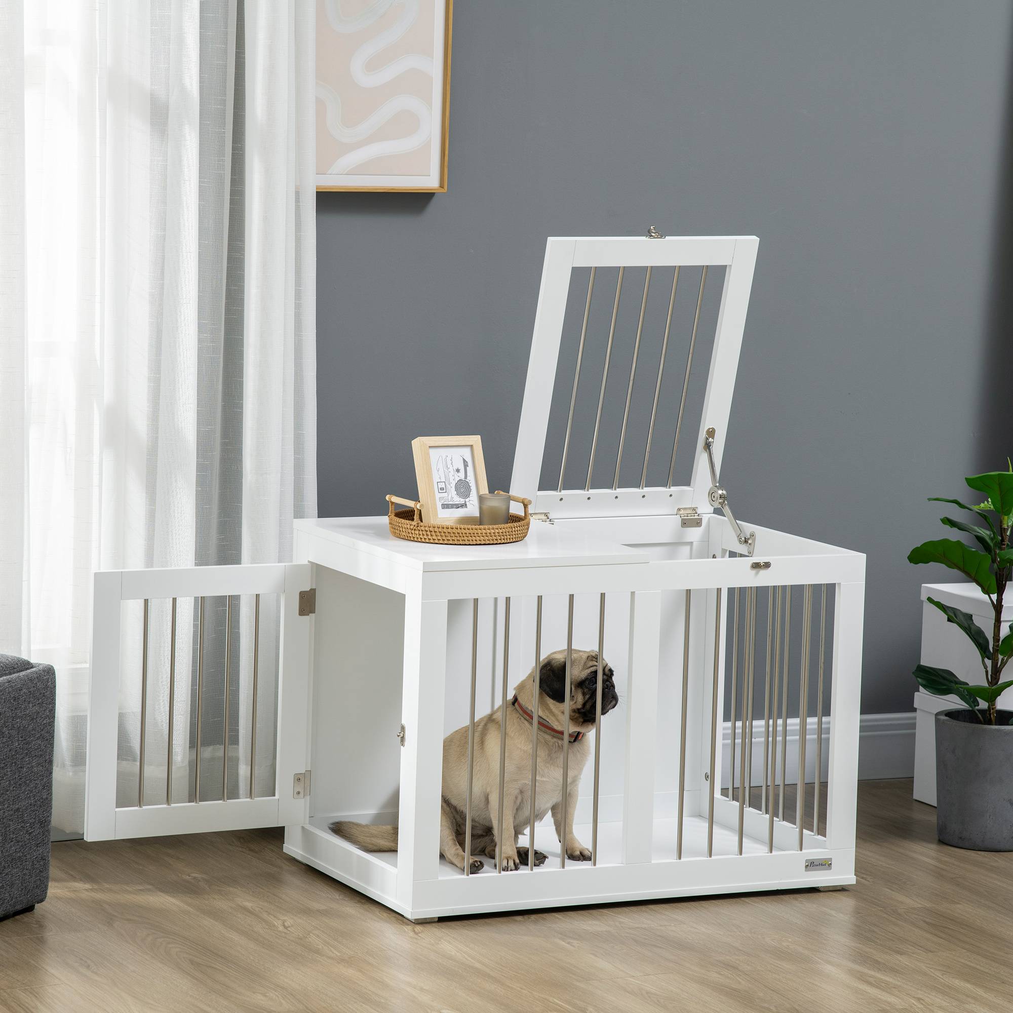 Cage pour chien 2 portes verrouillables, grille acier,80x50x56,5 cm blanc et argent - Image 3