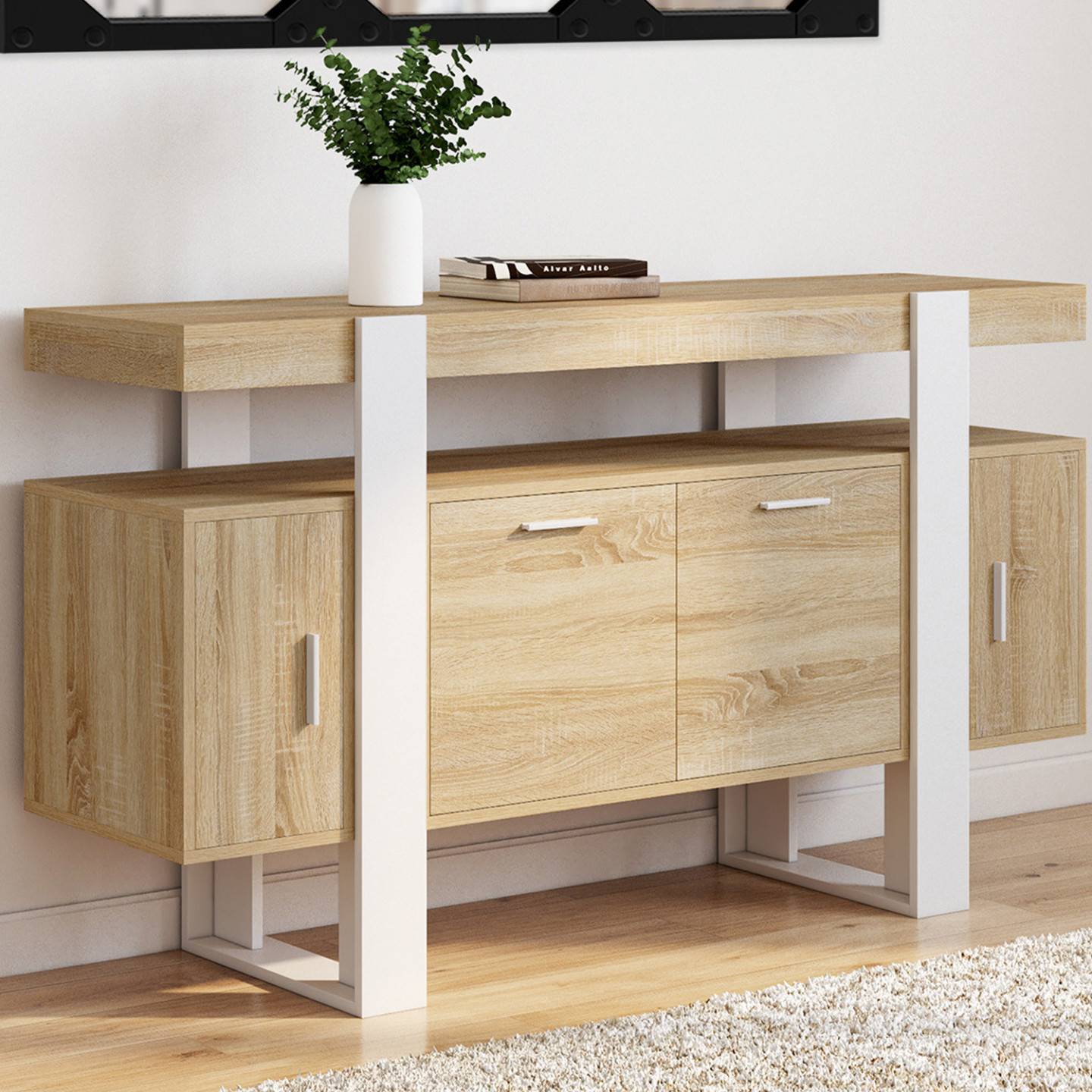 Buffet 140 cm PHOENIX 4 portes bois et blanc - Image 1