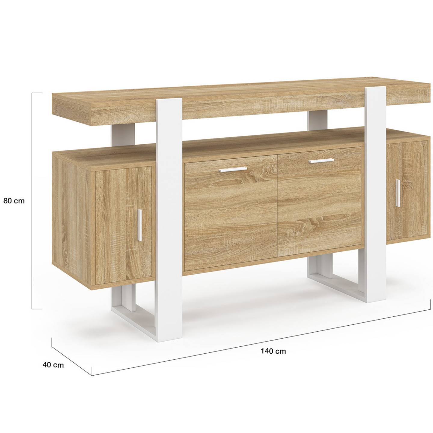 Buffet 140 cm PHOENIX 4 portes bois et blanc - Image 5