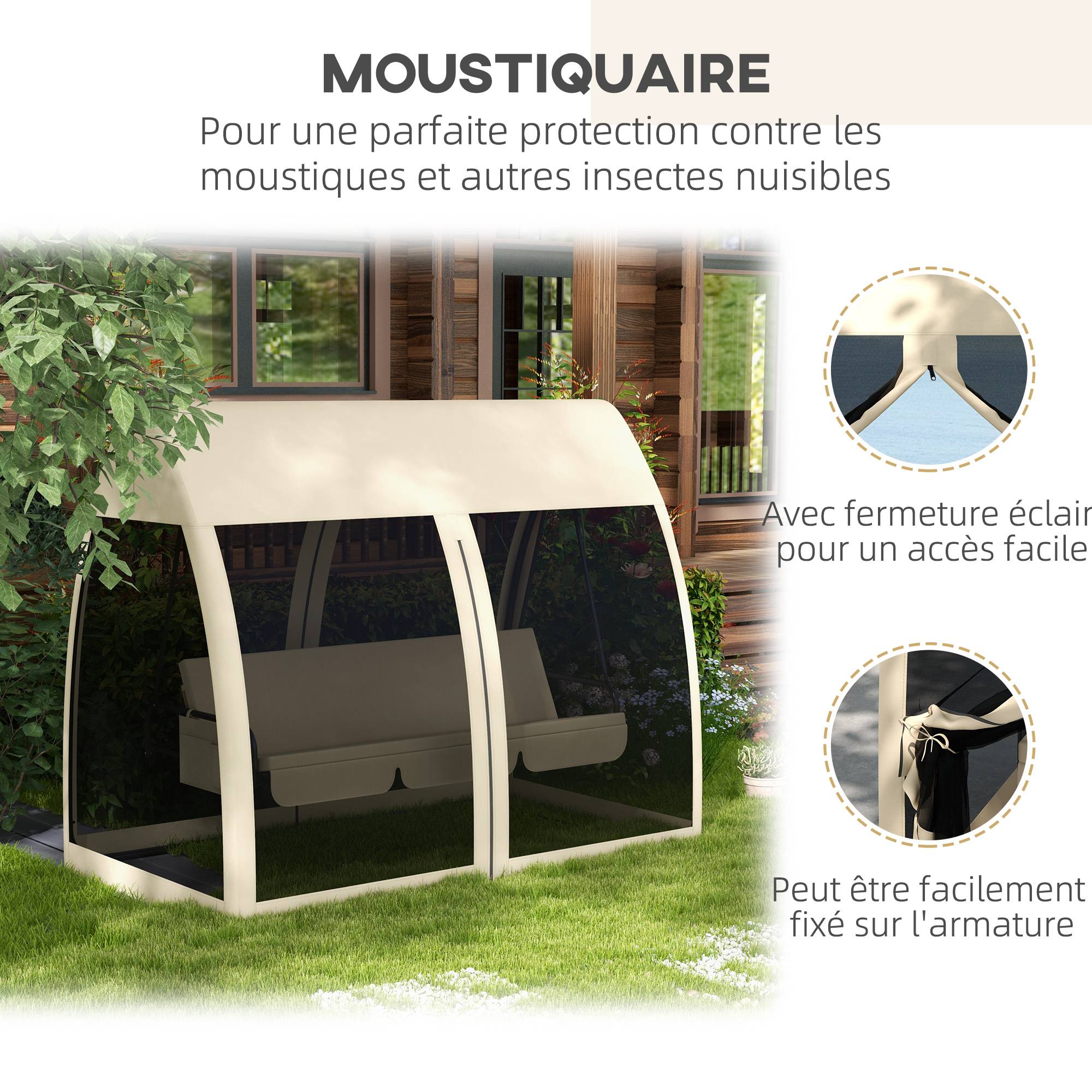 Balancelle convertible 3 places polyester jardin extérieur fonction lit moustiquaire beige - ComfortXL Outdoor Living - Image 7
