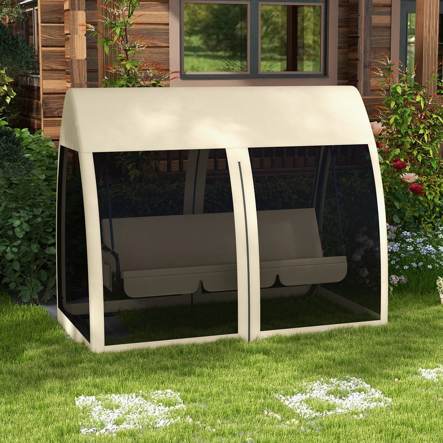 Balancelle convertible 3 places polyester jardin extérieur fonction lit moustiquaire beige - ComfortXL Outdoor Living - Image 3