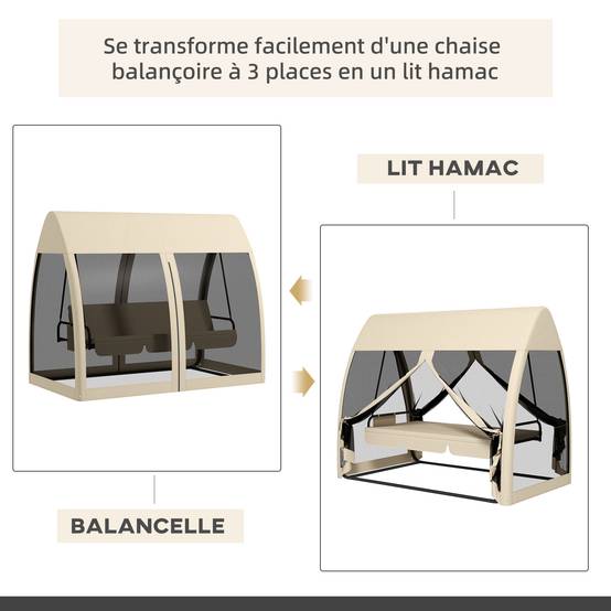 Balancelle convertible 3 places polyester jardin extérieur fonction lit moustiquaire beige - ComfortXL Outdoor Living - Image 6
