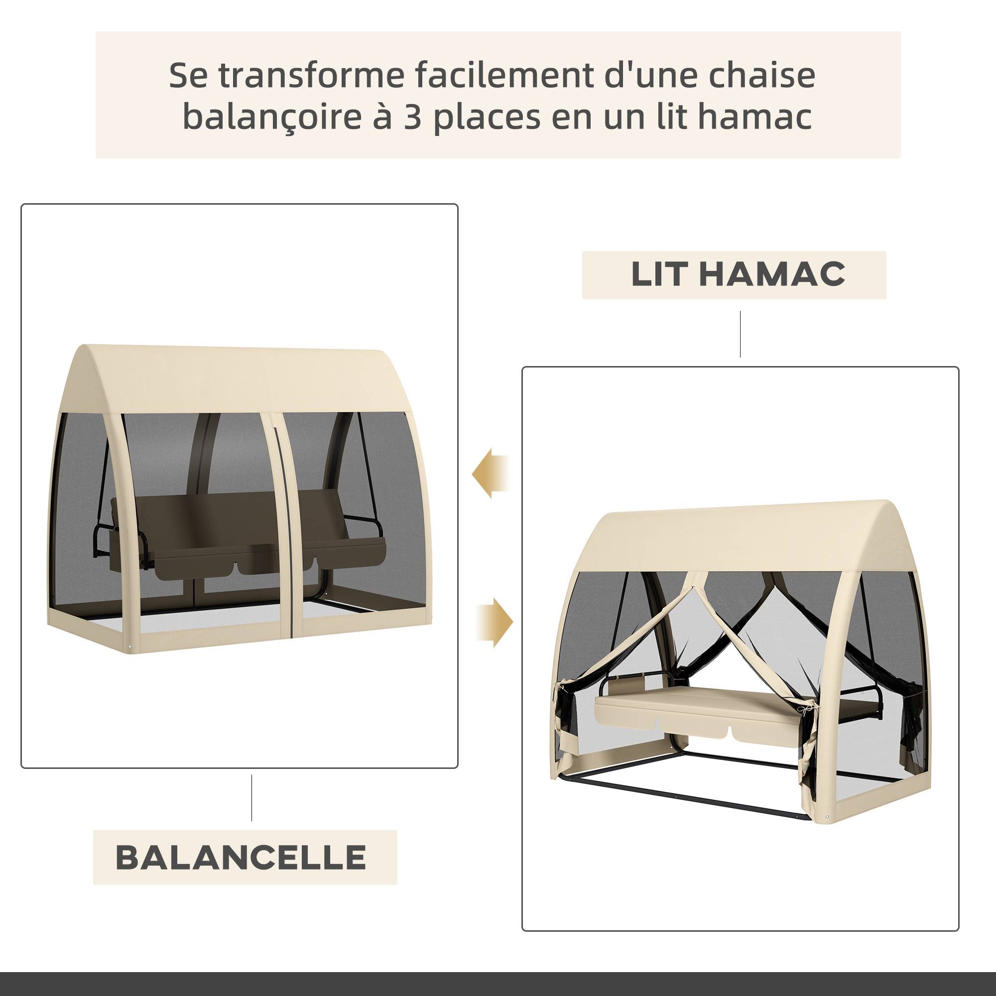 Balancelle convertible 3 places polyester jardin extérieur fonction lit moustiquaire beige - ComfortXL Outdoor Living - Image 6