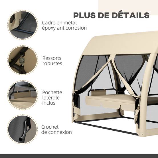 Balancelle convertible 3 places polyester jardin extérieur fonction lit moustiquaire beige - ComfortXL Outdoor Living - Image 9