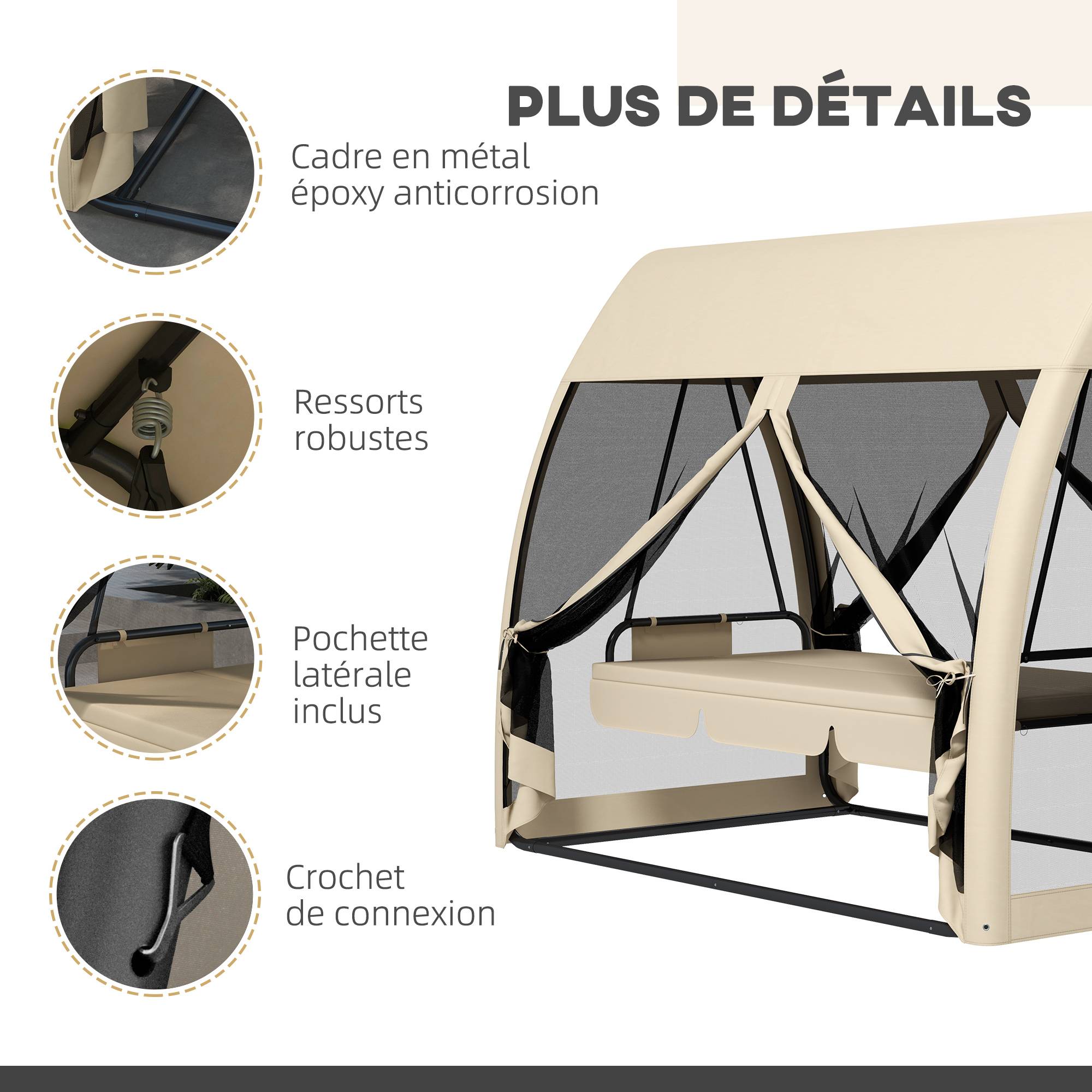 Balancelle convertible 3 places polyester jardin extérieur fonction lit moustiquaire beige - ComfortXL Outdoor Living - Image 9