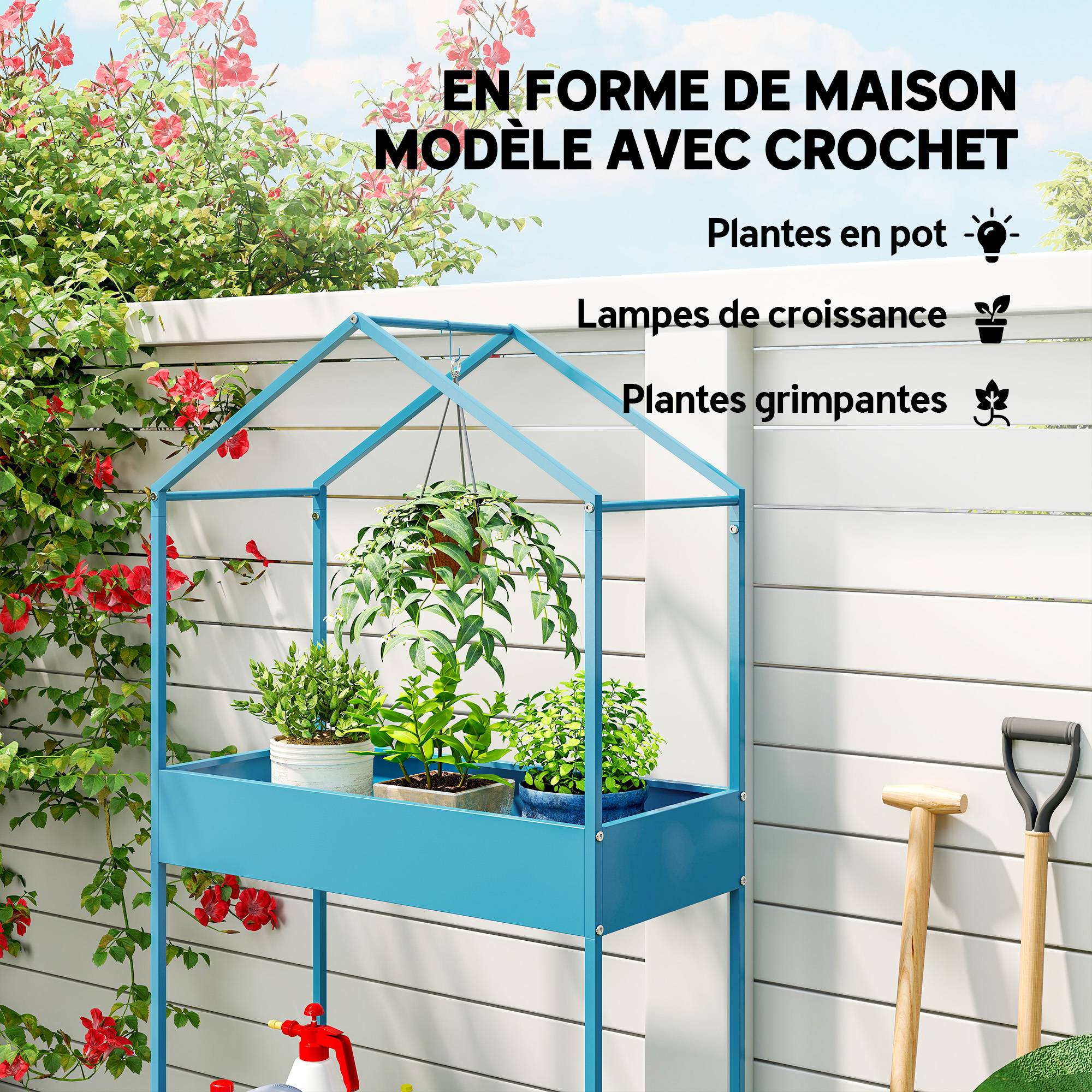 Étagère à Plantes 2 Niveaux, Support de Plantes en Métal avec Crochet, Porte-Pots en Forme de Maison, Bleu-Vert - Image 6