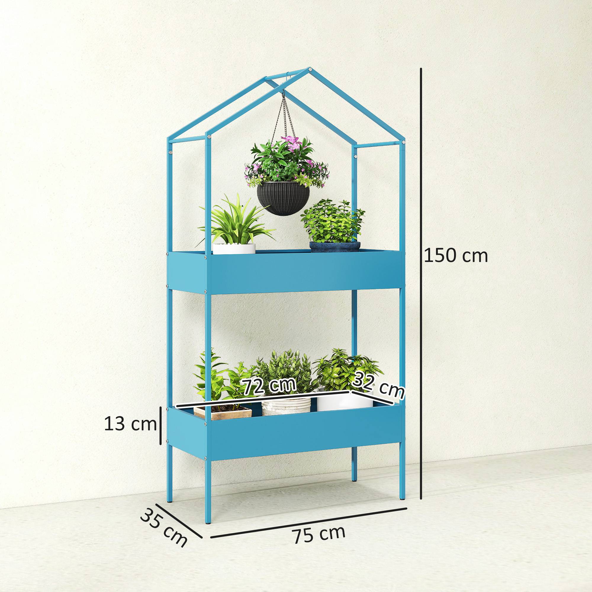 Étagère à Plantes 2 Niveaux, Support de Plantes en Métal avec Crochet, Porte-Pots en Forme de Maison, Bleu-Vert - Image 5