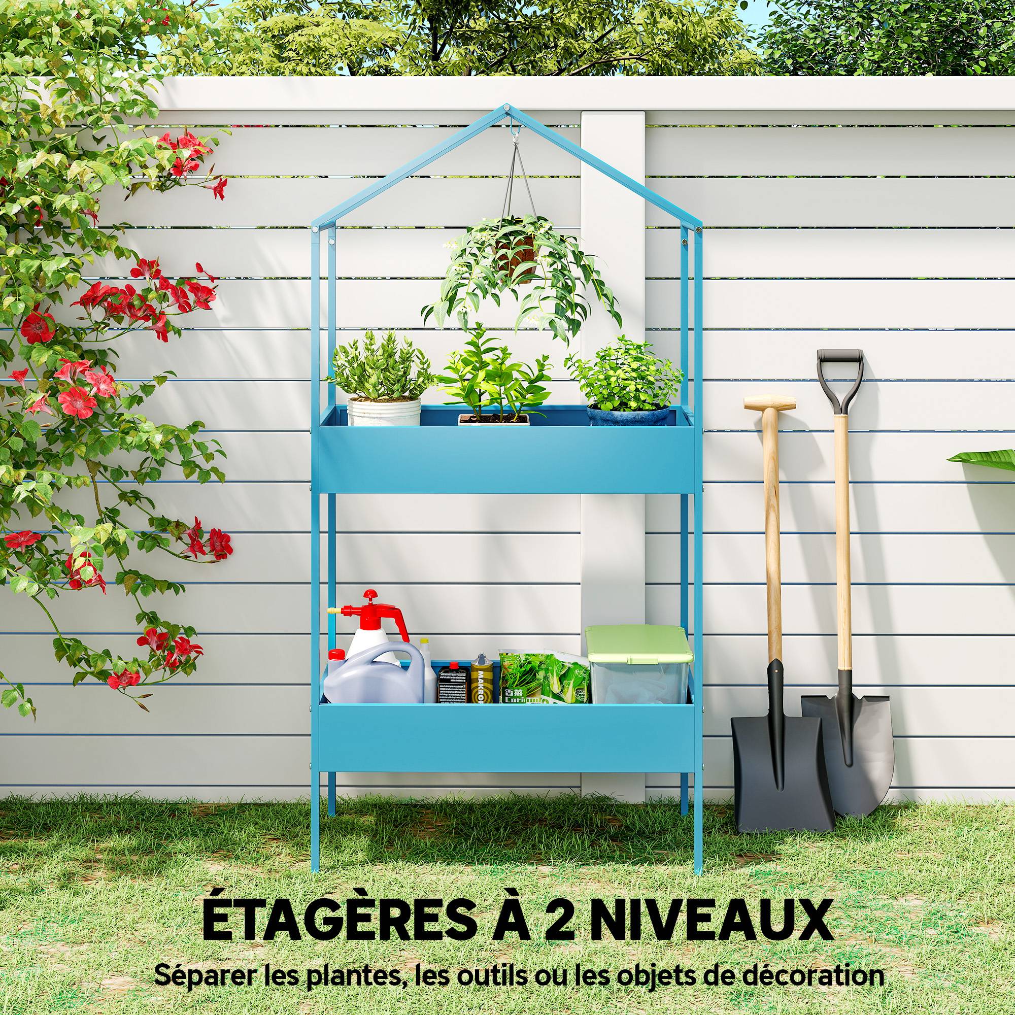 Étagère à Plantes 2 Niveaux, Support de Plantes en Métal avec Crochet, Porte-Pots en Forme de Maison, Bleu-Vert - Image 7