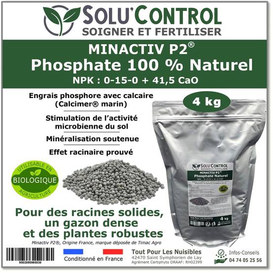 SOLU’CONTROL - 4 kg de Minactiv P2® – Engrais phosphate naturel – Avec Calcimer® marin et stimulateur microbien – Racines solides, gazon dense - Image 1