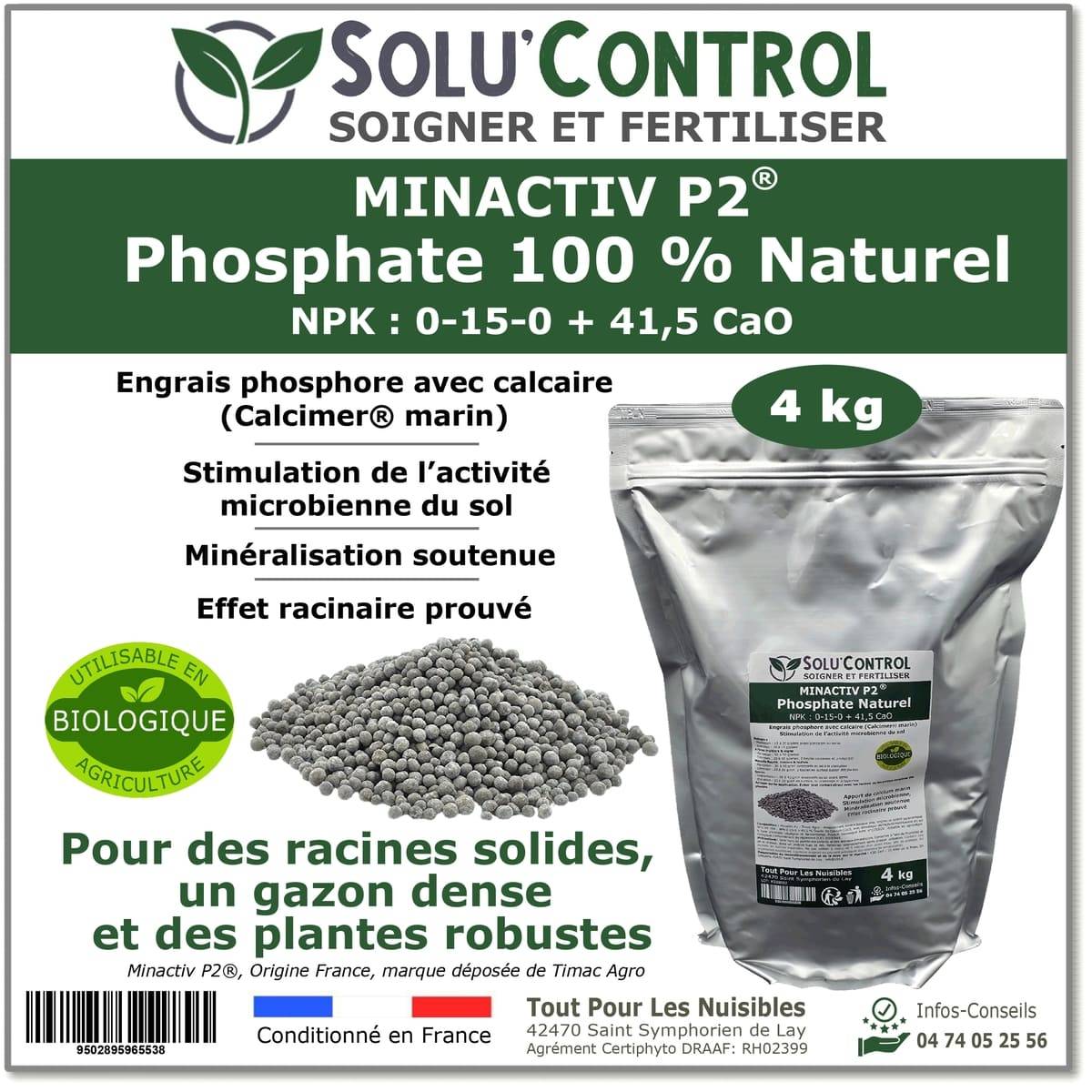SOLU’CONTROL - 4 kg de Minactiv P2® – Engrais phosphate naturel – Avec Calcimer® marin et stimulateur microbien – Racines solides, gazon dense