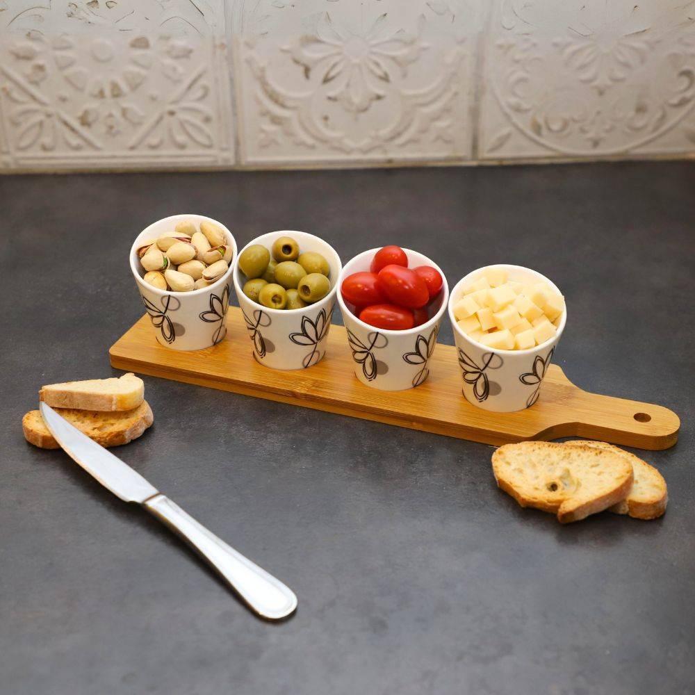 ~ Set apéritif tapas 4 verrines bambou céramique blanc et marron 34.5 x 8 cm Chemin de campagne - Imagen 3