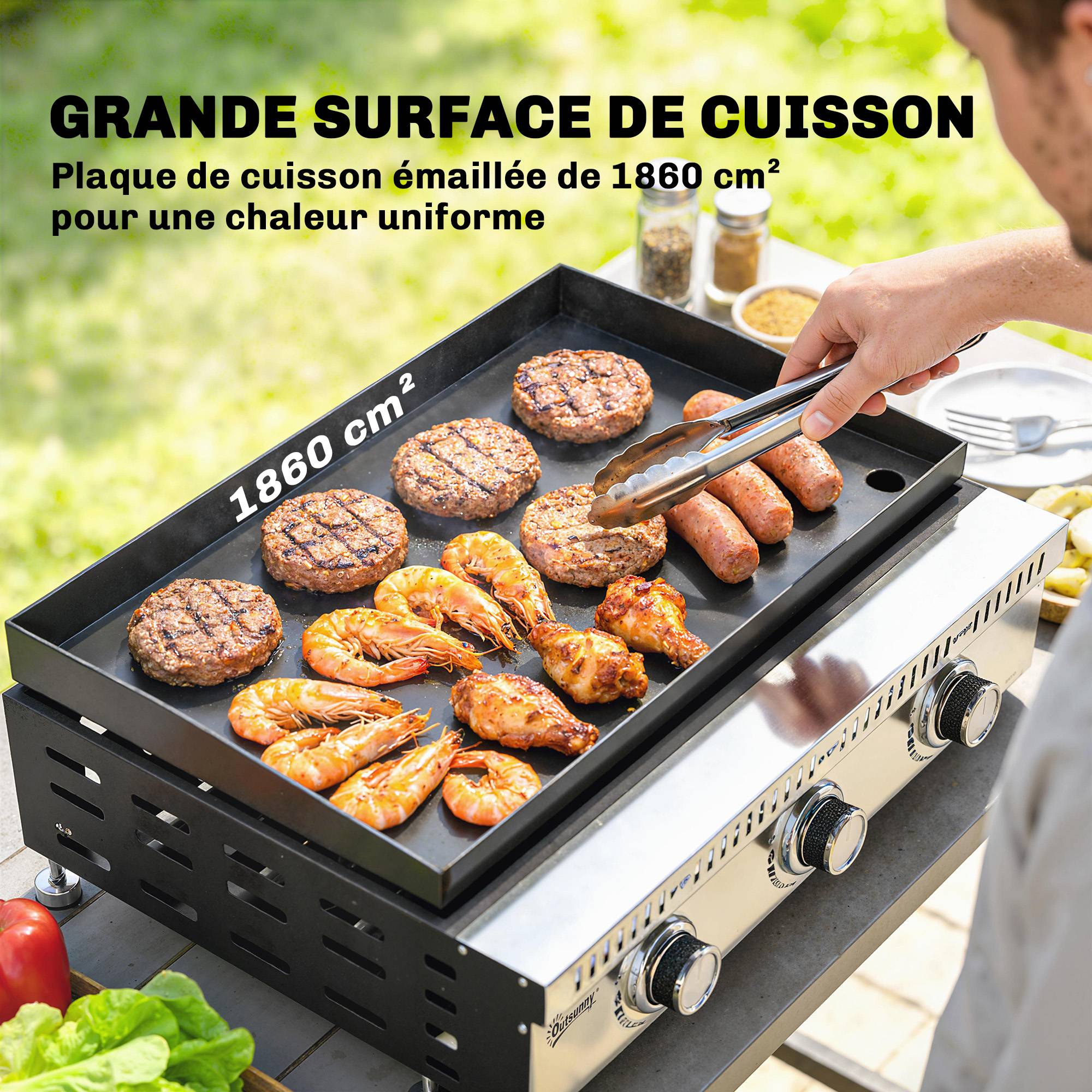 Plancha gaz 9 kW 3 brûleurs en acier inoxydable, surface cuisson 56,5 x 33 cm, bac de récupération des graisses, noir - Image 7
