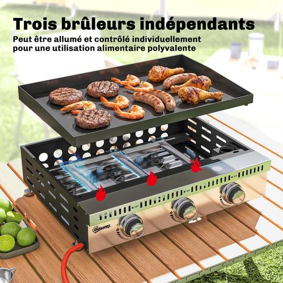 Plancha gaz 9 kW 3 brûleurs en acier inoxydable, surface cuisson 56,5 x 33 cm, bac de récupération des graisses, noir - Image 6